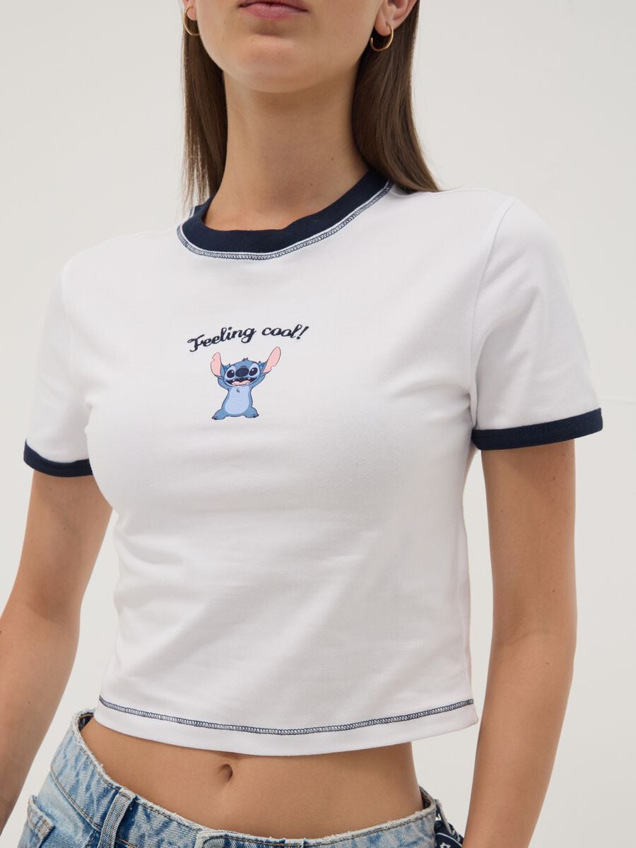 White stretch cotton T-shirt with Stitch print, regular fit_2