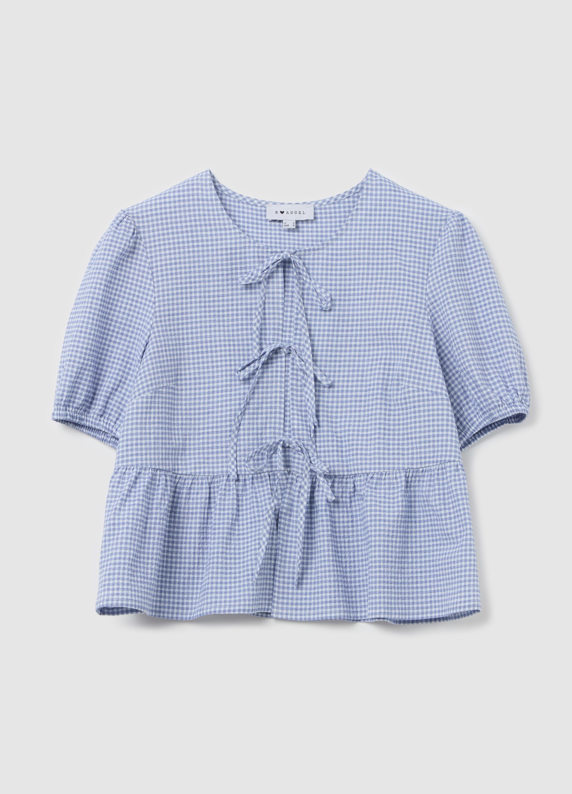 Blusa in seersucker a quadretti con laccetti