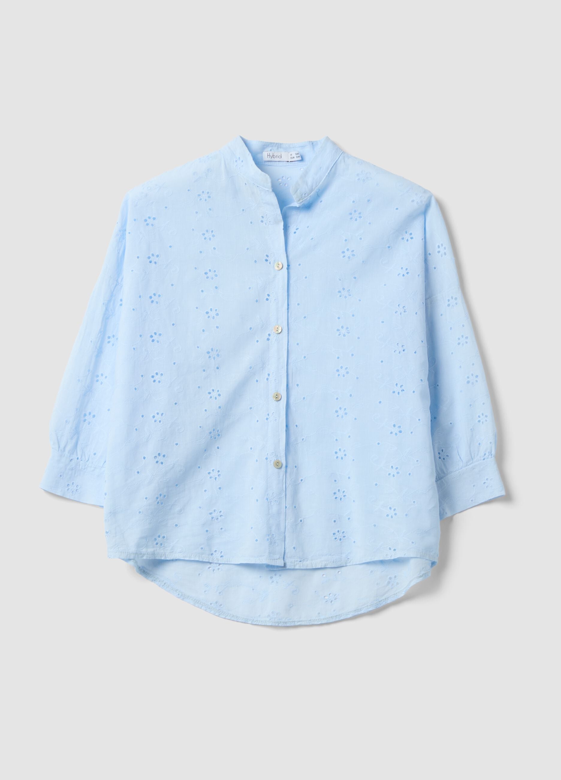 Light Blue Broderie Cotton Shirt with Mandarin Collar, Regular Fit