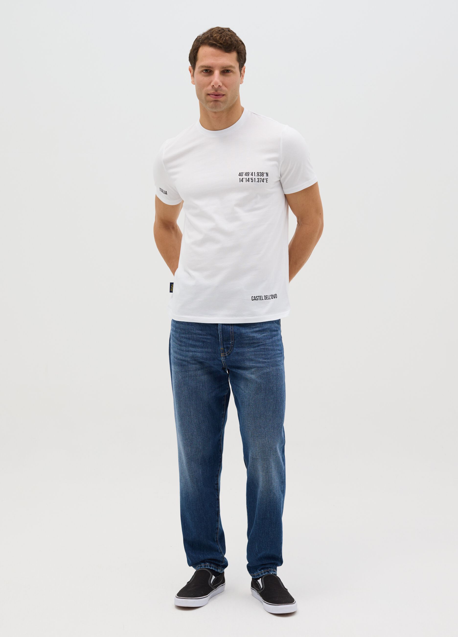 Cotton T-shirt with Castel Dell'Ovo coordinates print