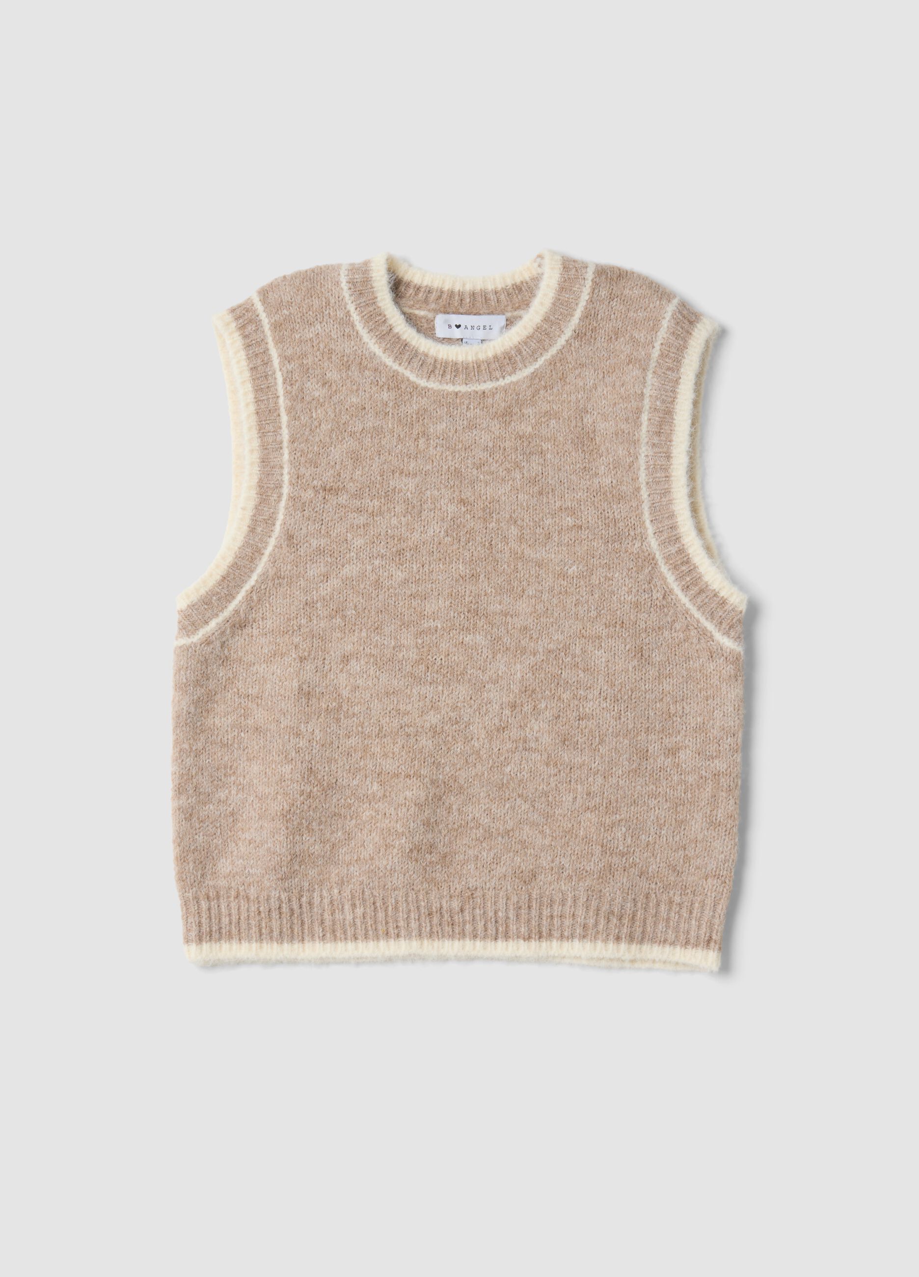 Beige stretch wool crew-neck gilet with oversized fit