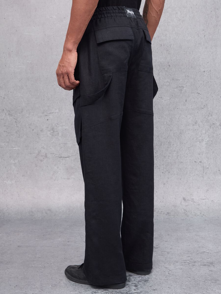 100% Linen Black Cargo Trousers_3
