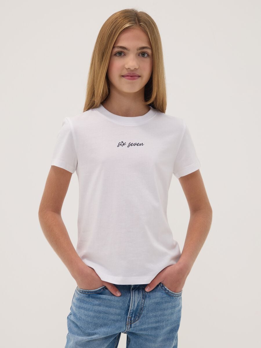 T-shirt bianca in puro cotone con stampe Six Seven regular fit_0