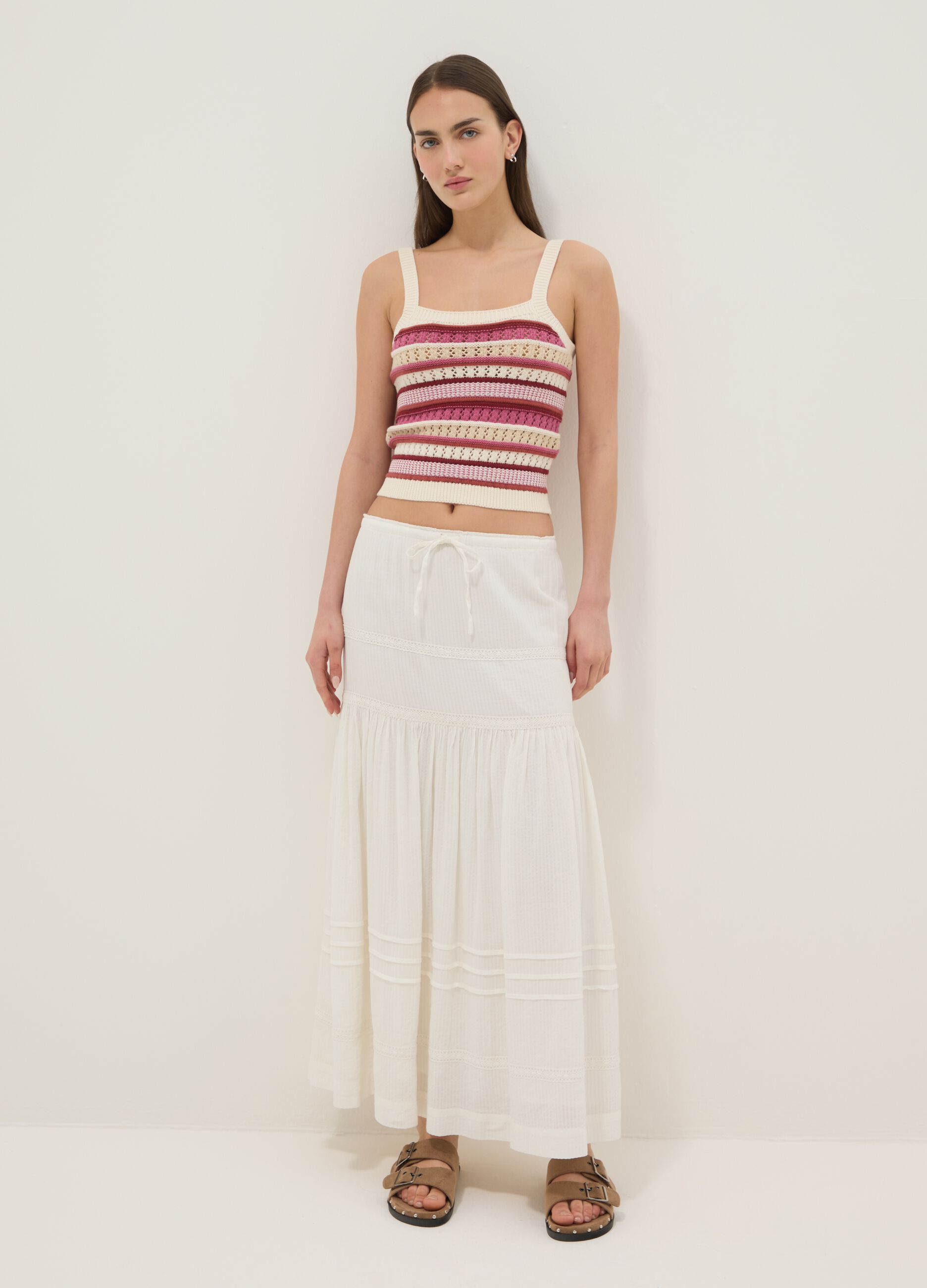 Gilet fitted in puro cotone a righe multicolor con bretelle sottili