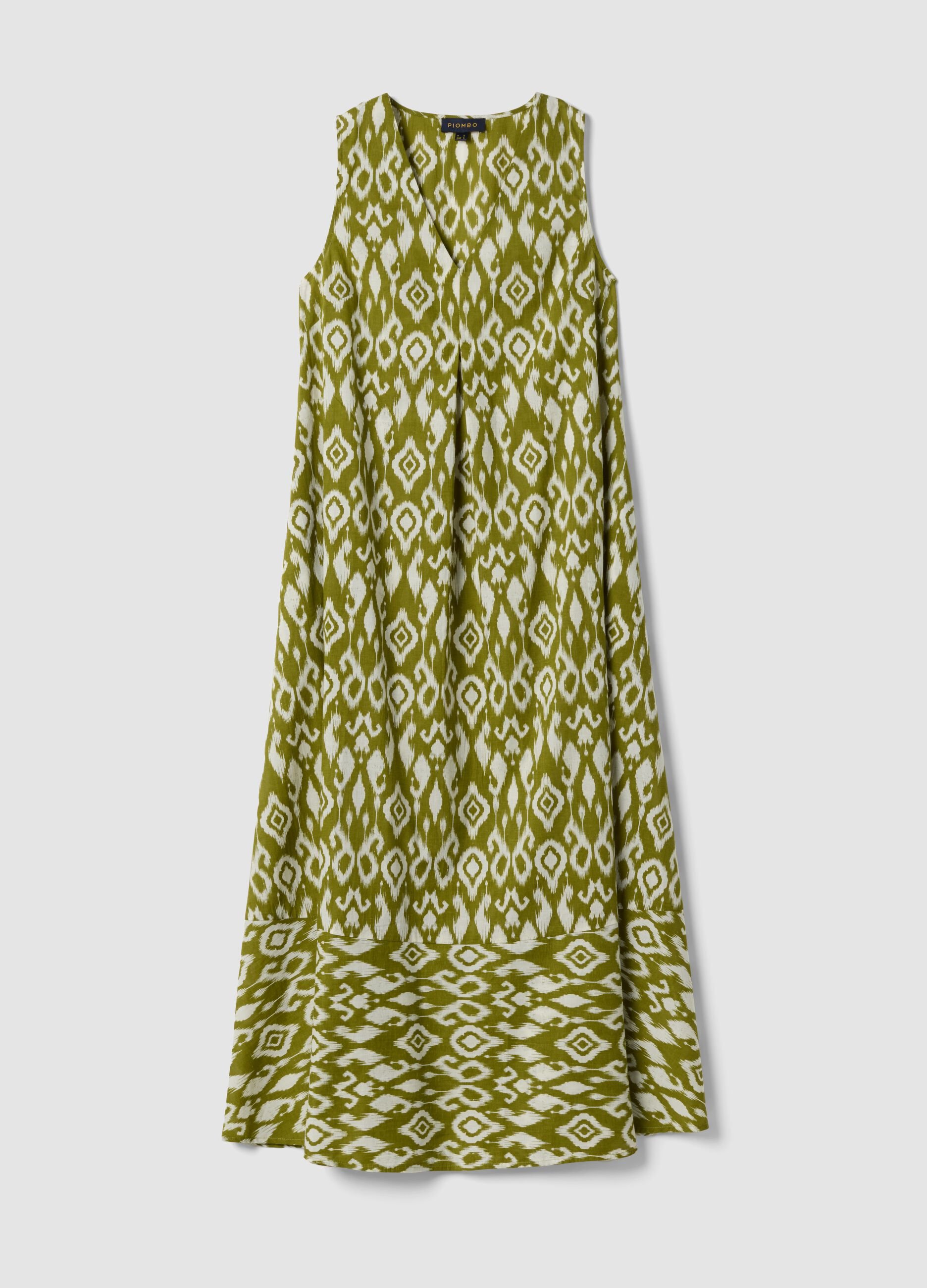 Green maxi dress in pure cotton with V-neck and print