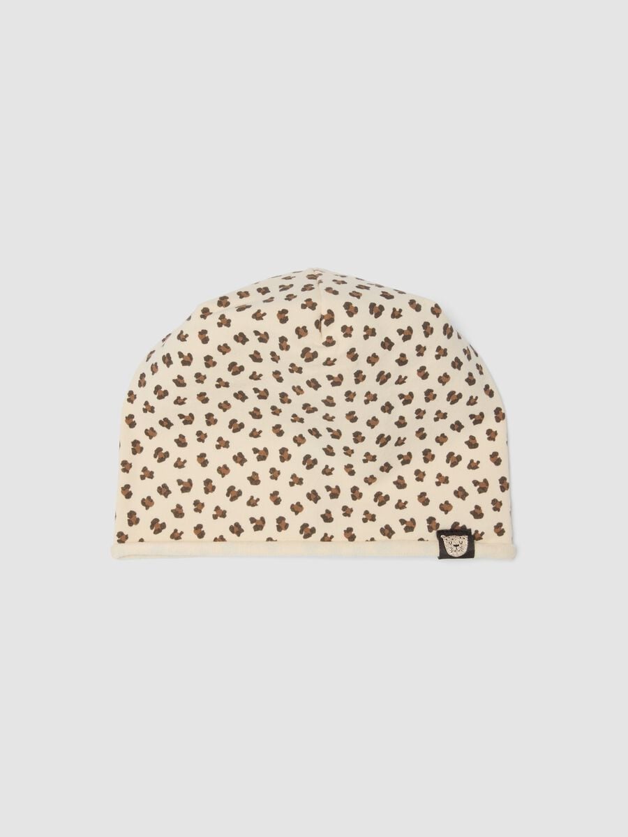 Beige stretch cotton hat with animal print for girls_0