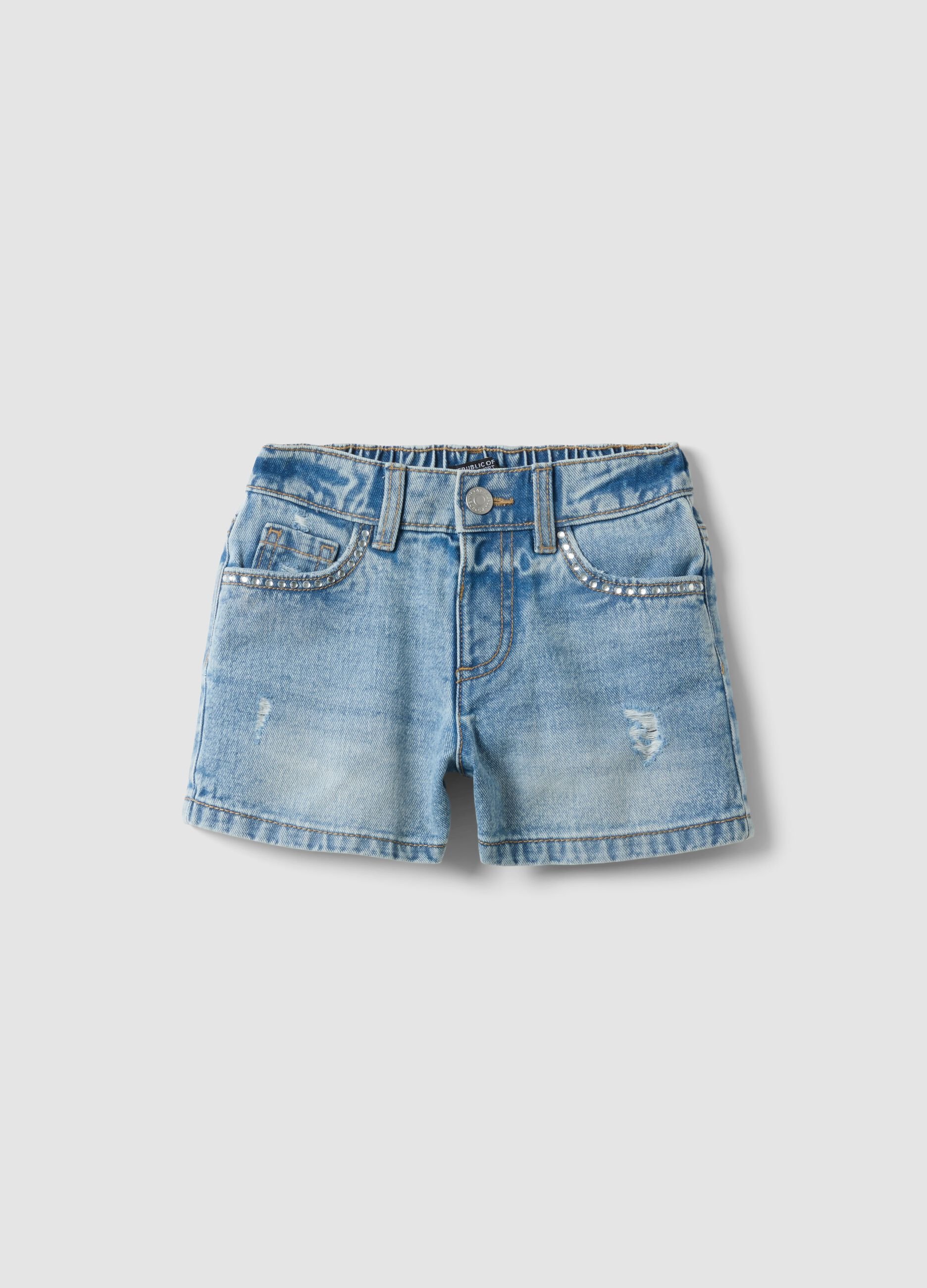 Girls&rsquo; blue pure cotton denim shorts, regular fit with rhinestones