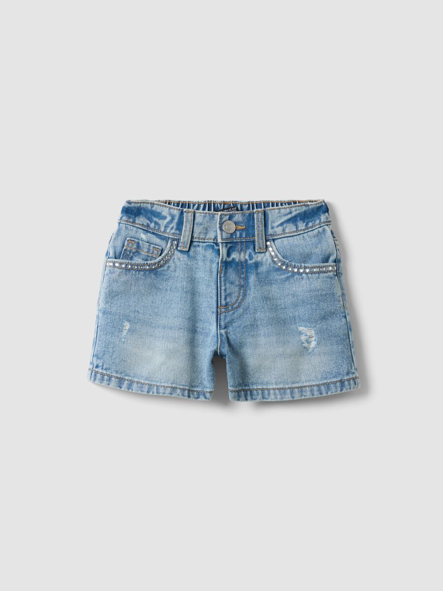 Shorts denim blu in puro cotone da bambina regular fit con strass_0