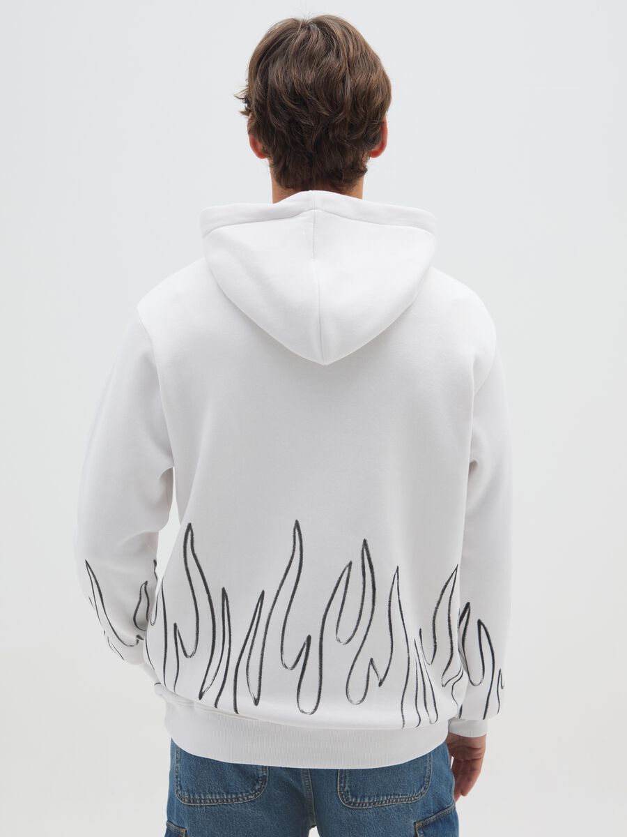 White Cotton Blend Hoodie with Flames_2