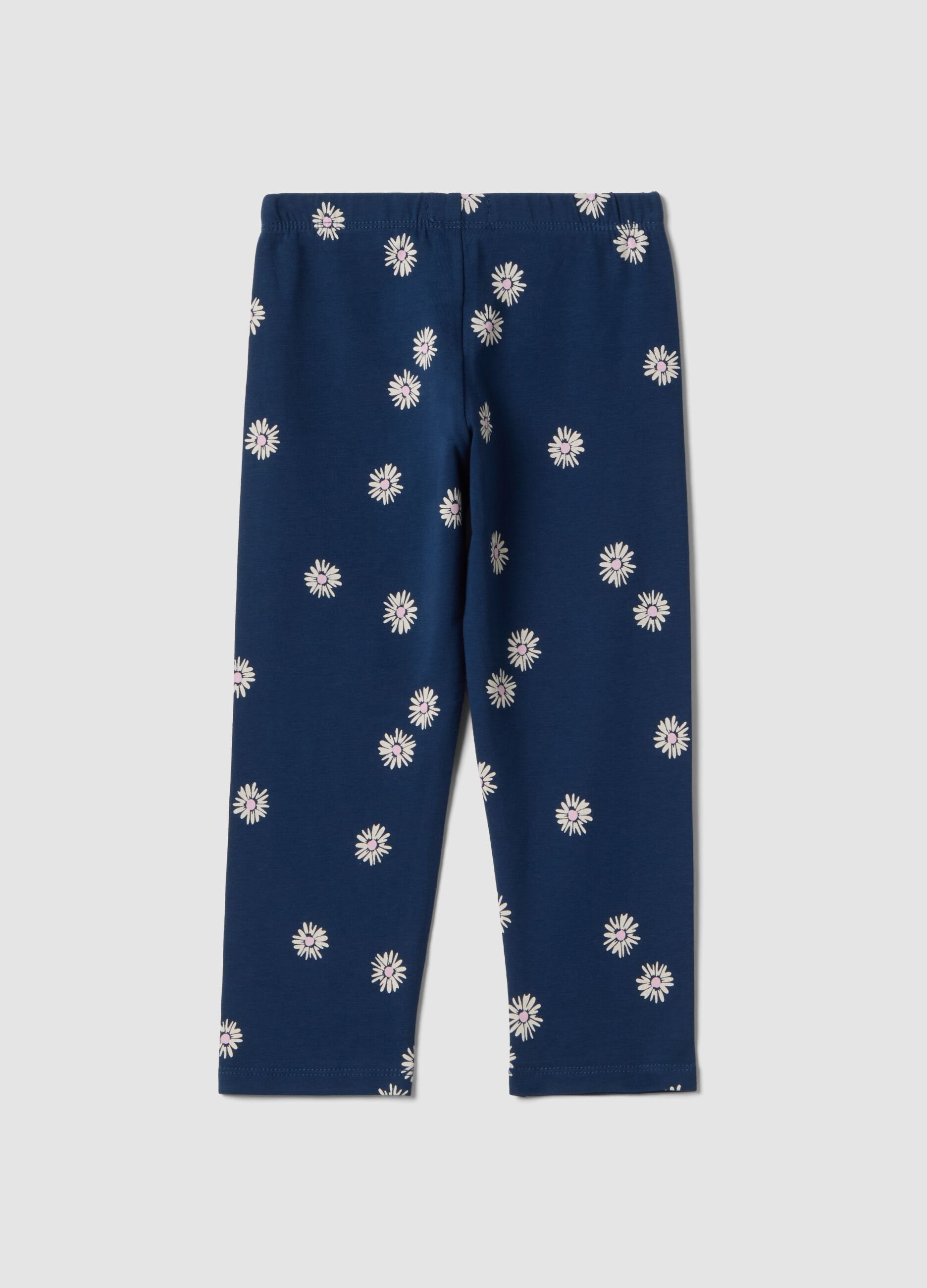 Girls' skinny blue cotton leggings with flowers
