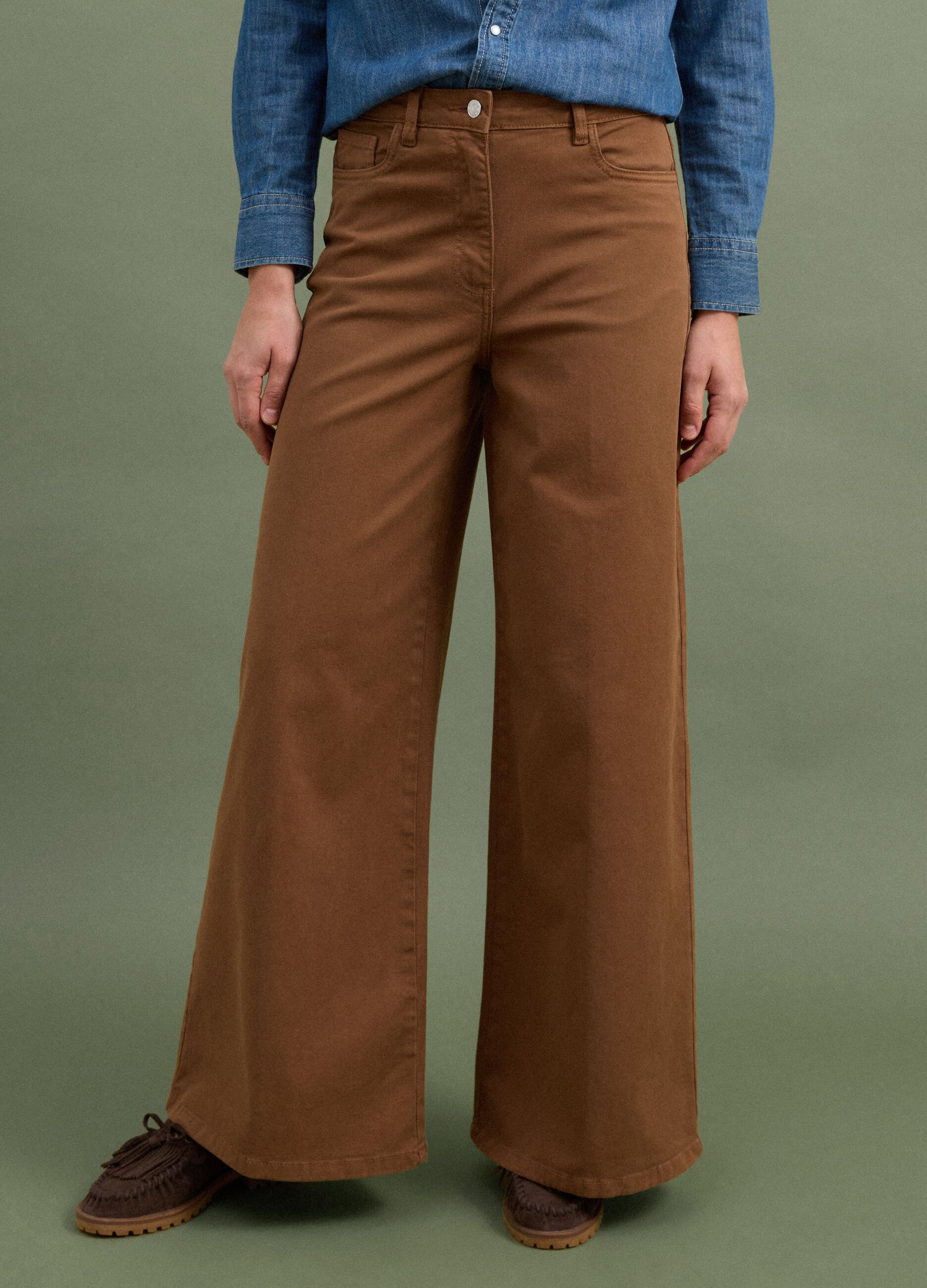 Brown wide-leg stretch cotton trousers