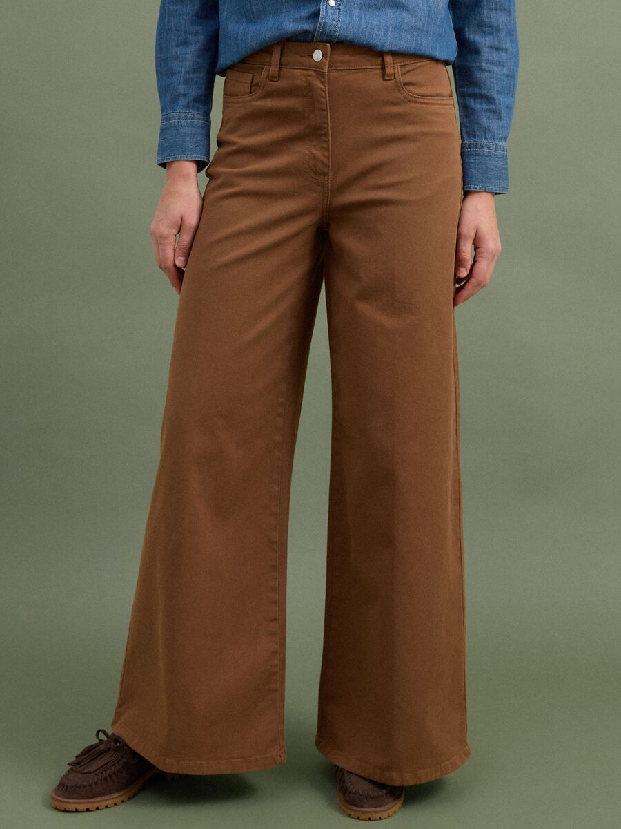 Brown wide-leg stretch cotton trousers_1