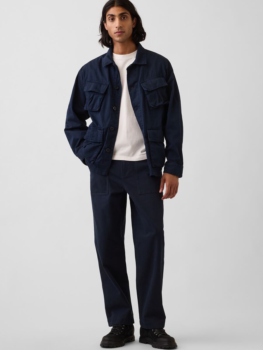 Pantaloni blu navy in puro cotone con tasche applicate_0