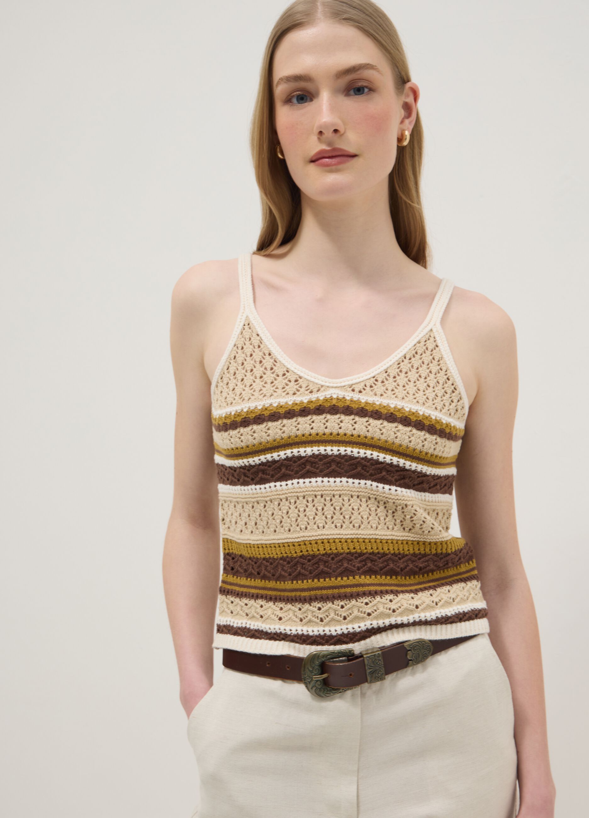 Multicolour pure cotton regular-fit knitted-texture top