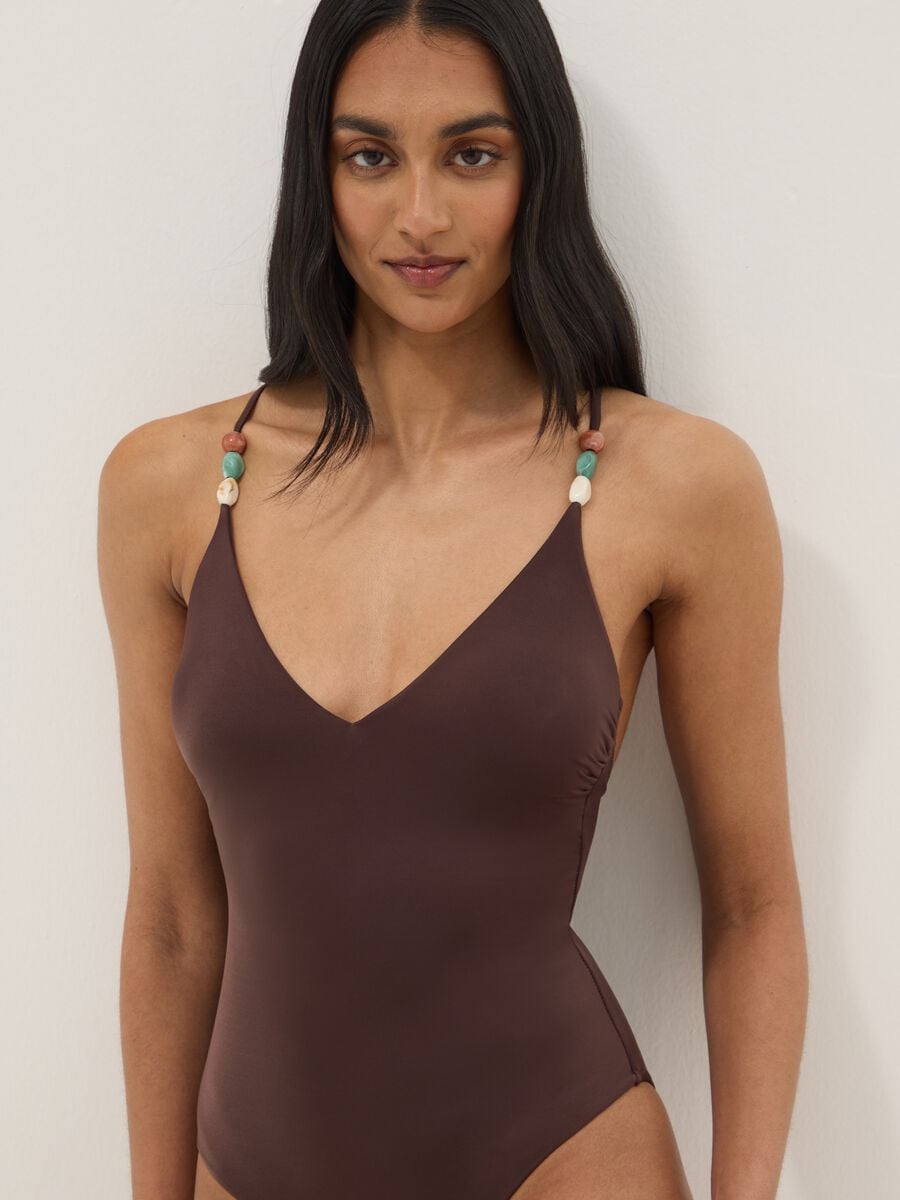Brown stretch swimsuit with embellished straps_2