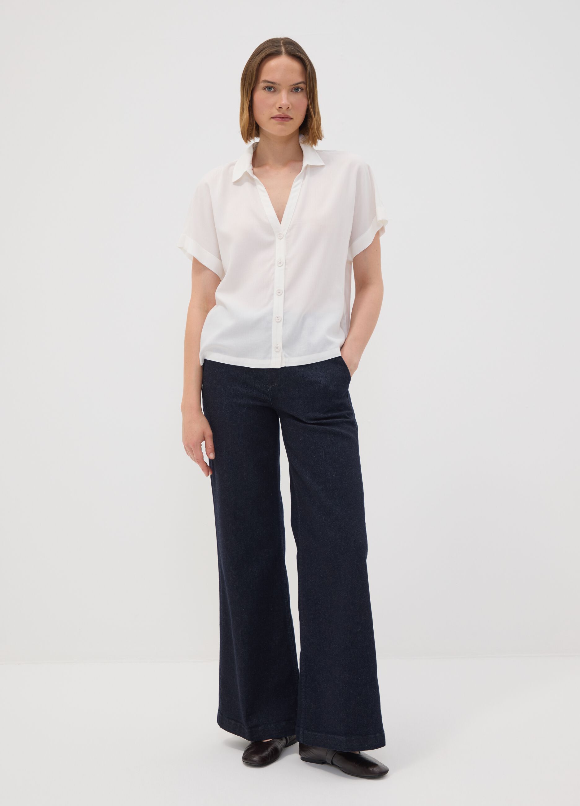 Dark blue high-waisted wide-leg stretch cotton jeans