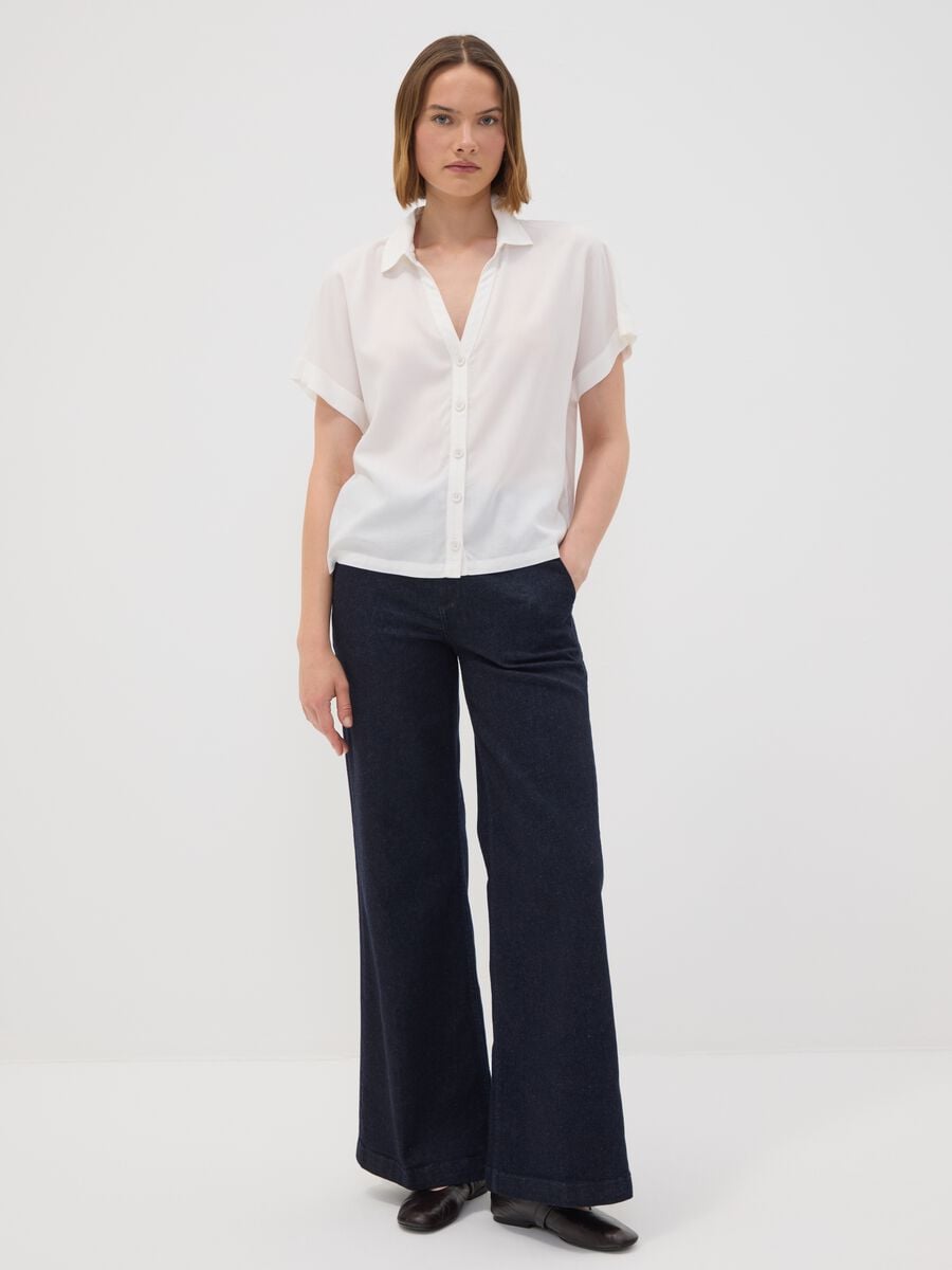 Dark blue high-waisted wide-leg stretch cotton jeans_0
