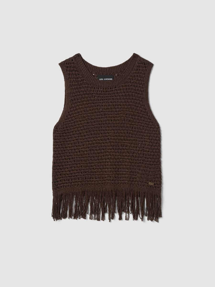 Brown open-knit viscose-blend top with fringes_4