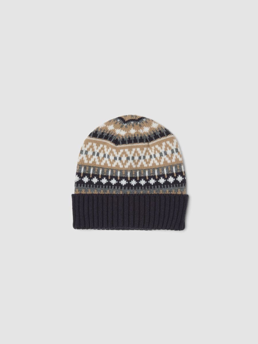 Berretto beige in maglia jacquard con risvolto_0