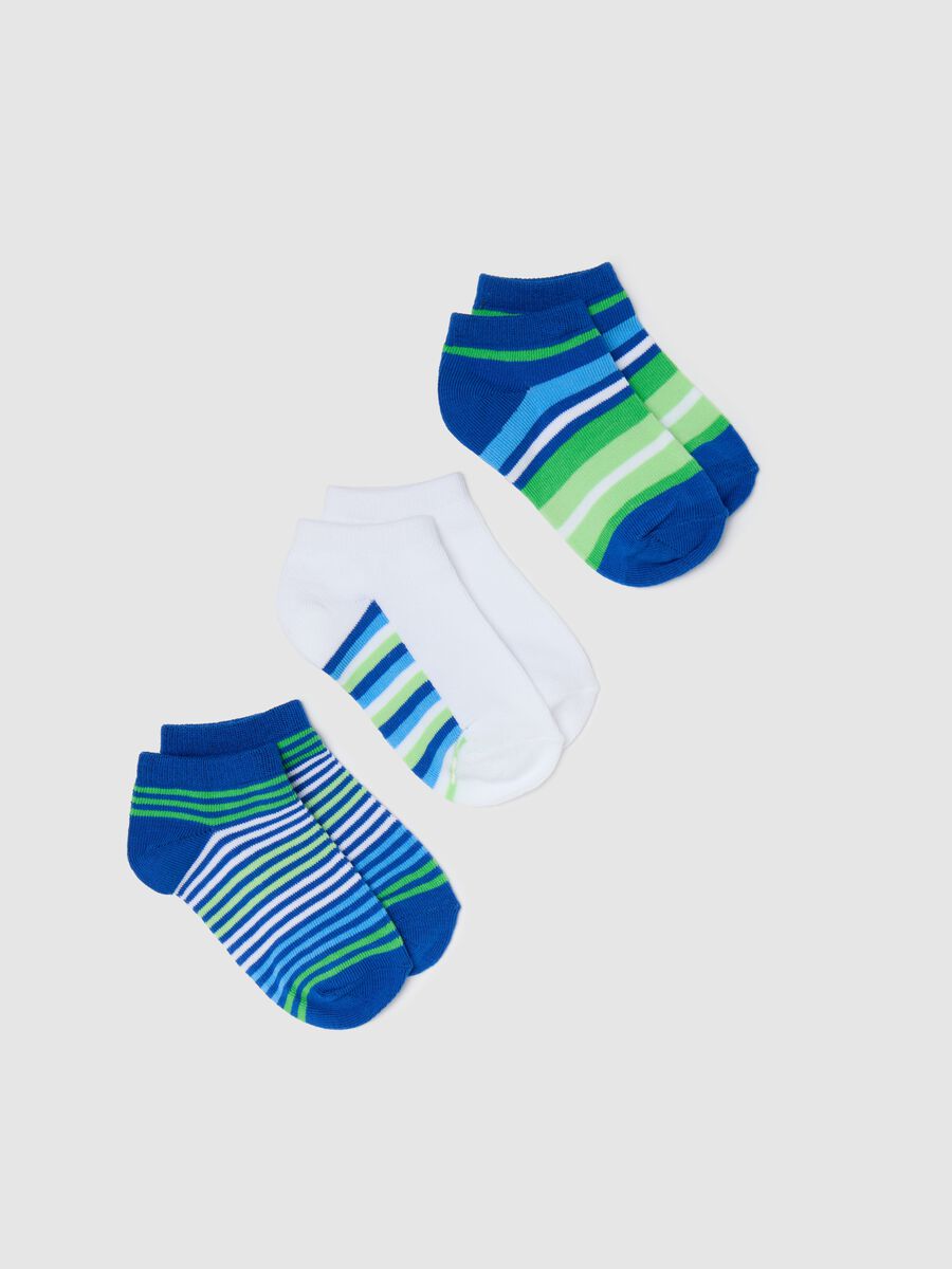 Three-pair pack blue and green stretch shoe liners with striped pattern_0