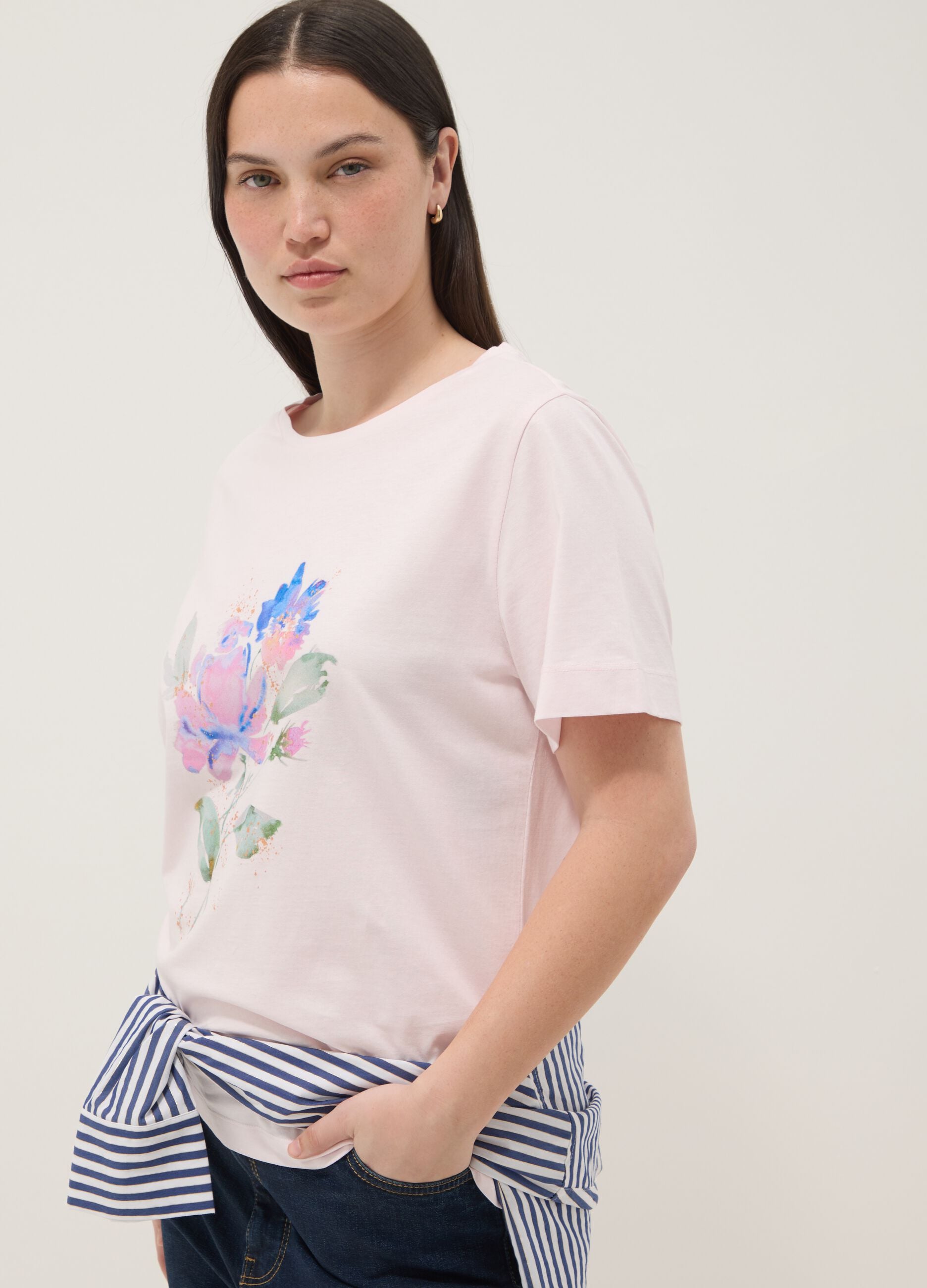 Pink short-sleeve pure cotton regular-fit printed T-shirt