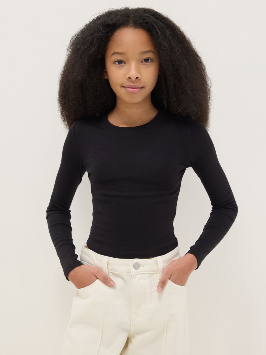 T-shirt in cotone elasticizzato nera da ragazza slim fit_0