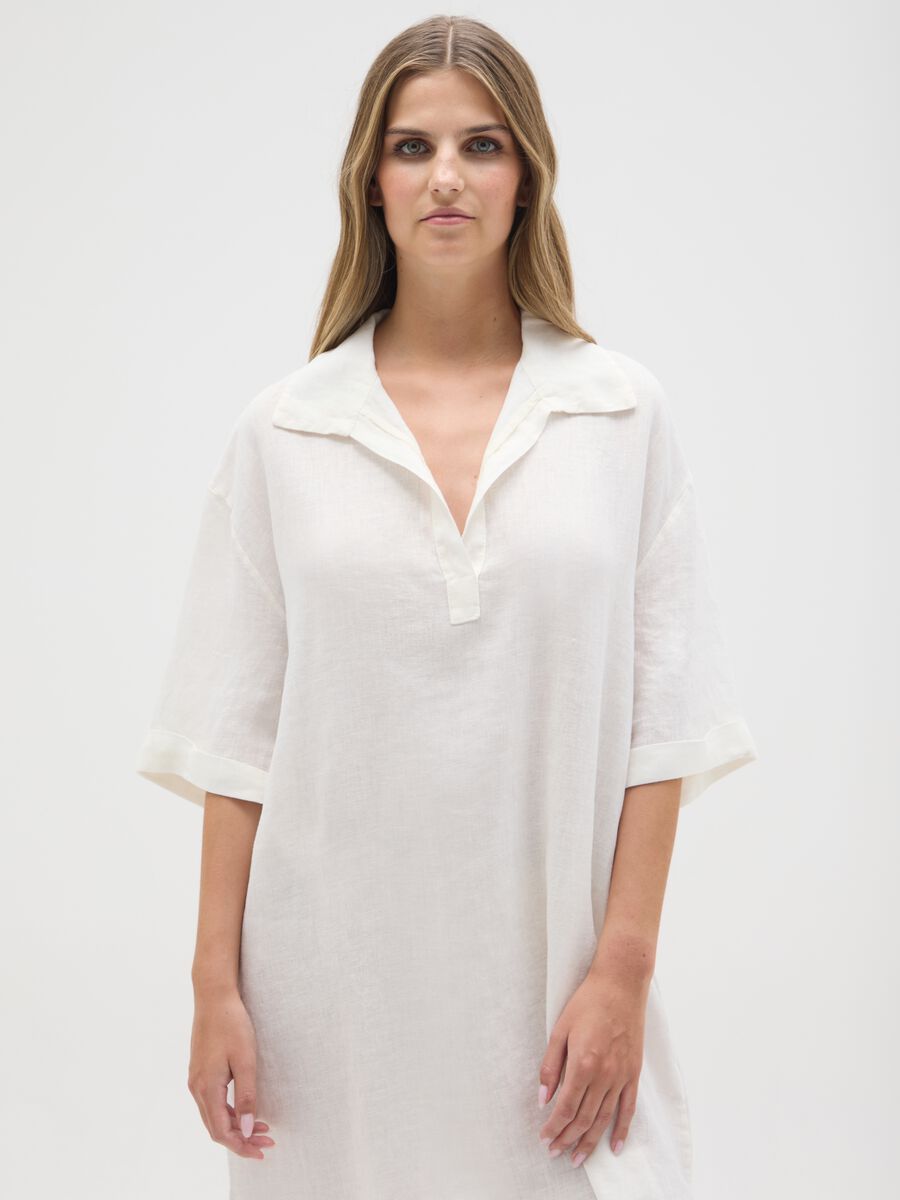 Women's white pure linen dress regular fit_0