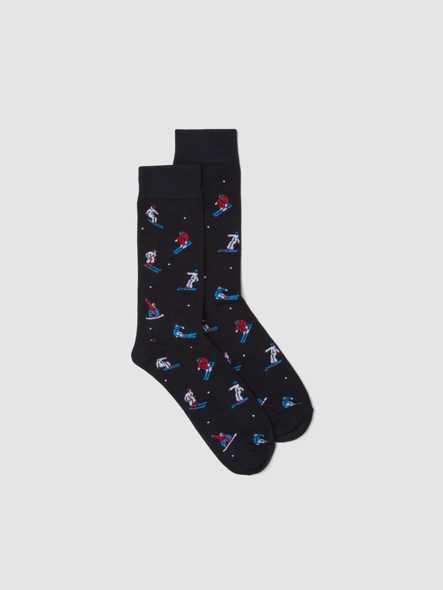 Calze midi blu in cotone elasticizzato con fantasia sciatori_0