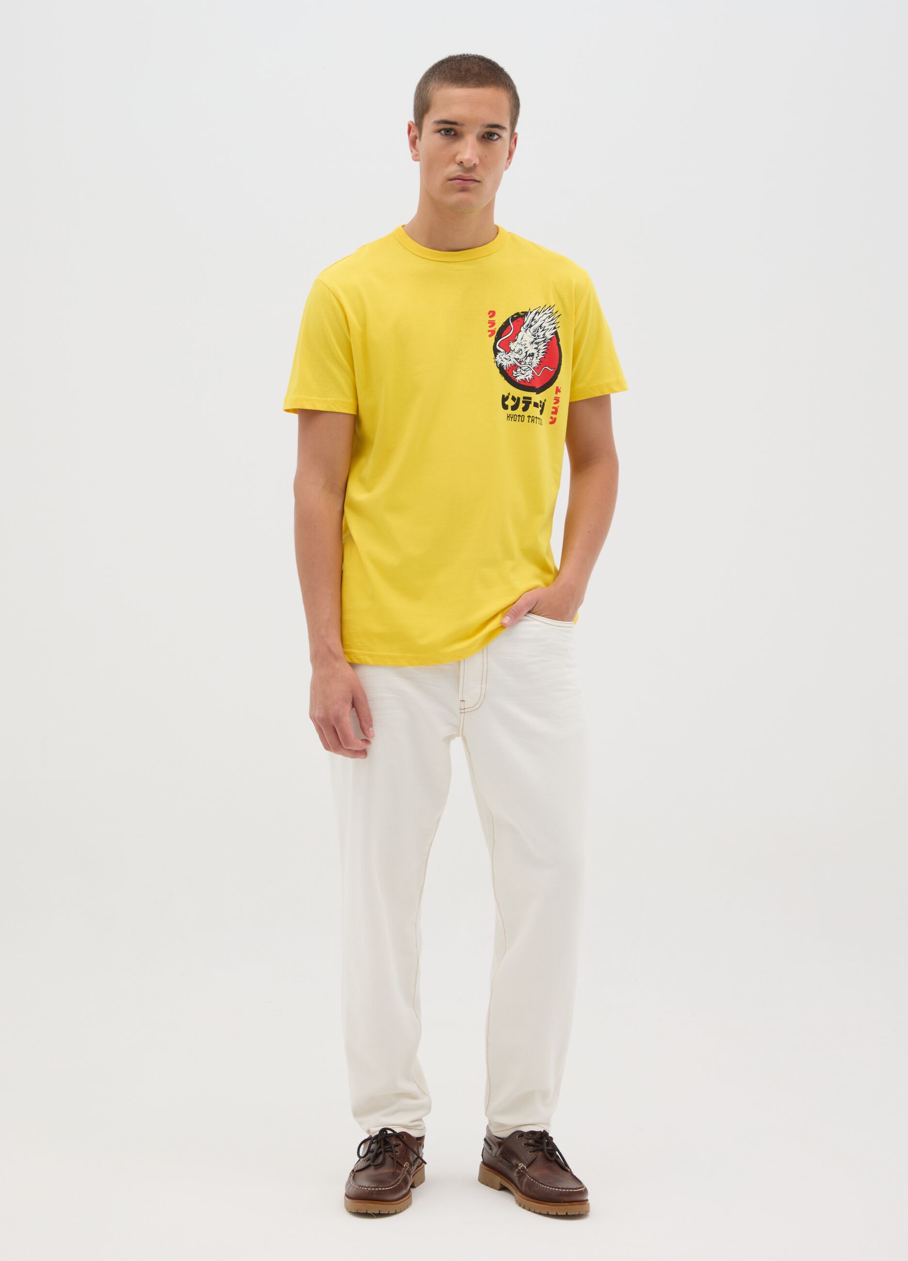 T-shirt da uomo in puro cotone gialla