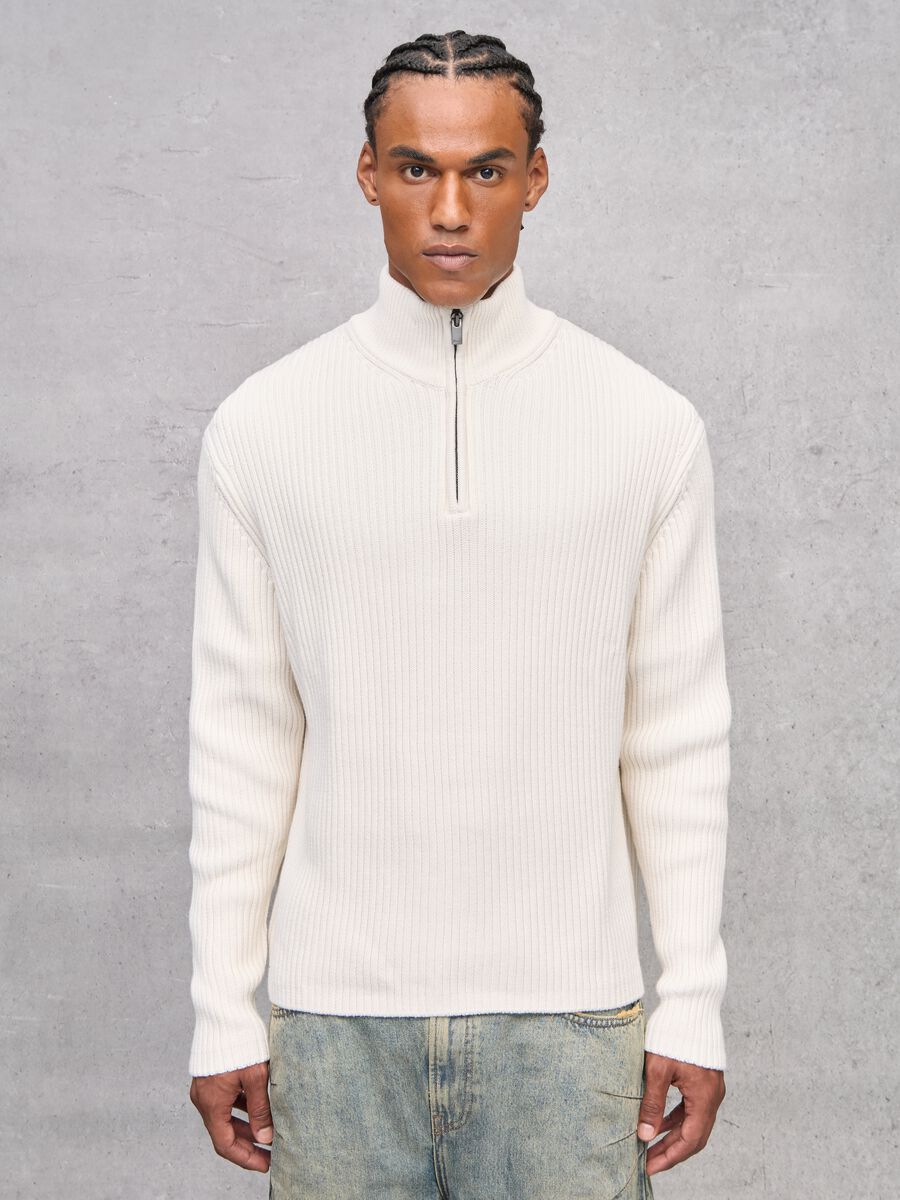 White Ribbed Knit Half-Zip_1