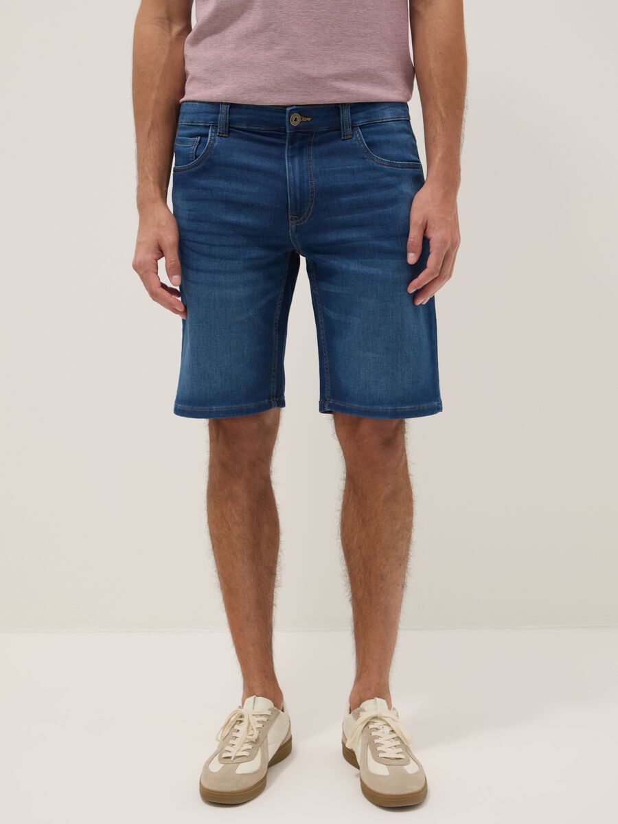 Blue Stretch Cotton Blend Denim Slim Fit Shorts_1