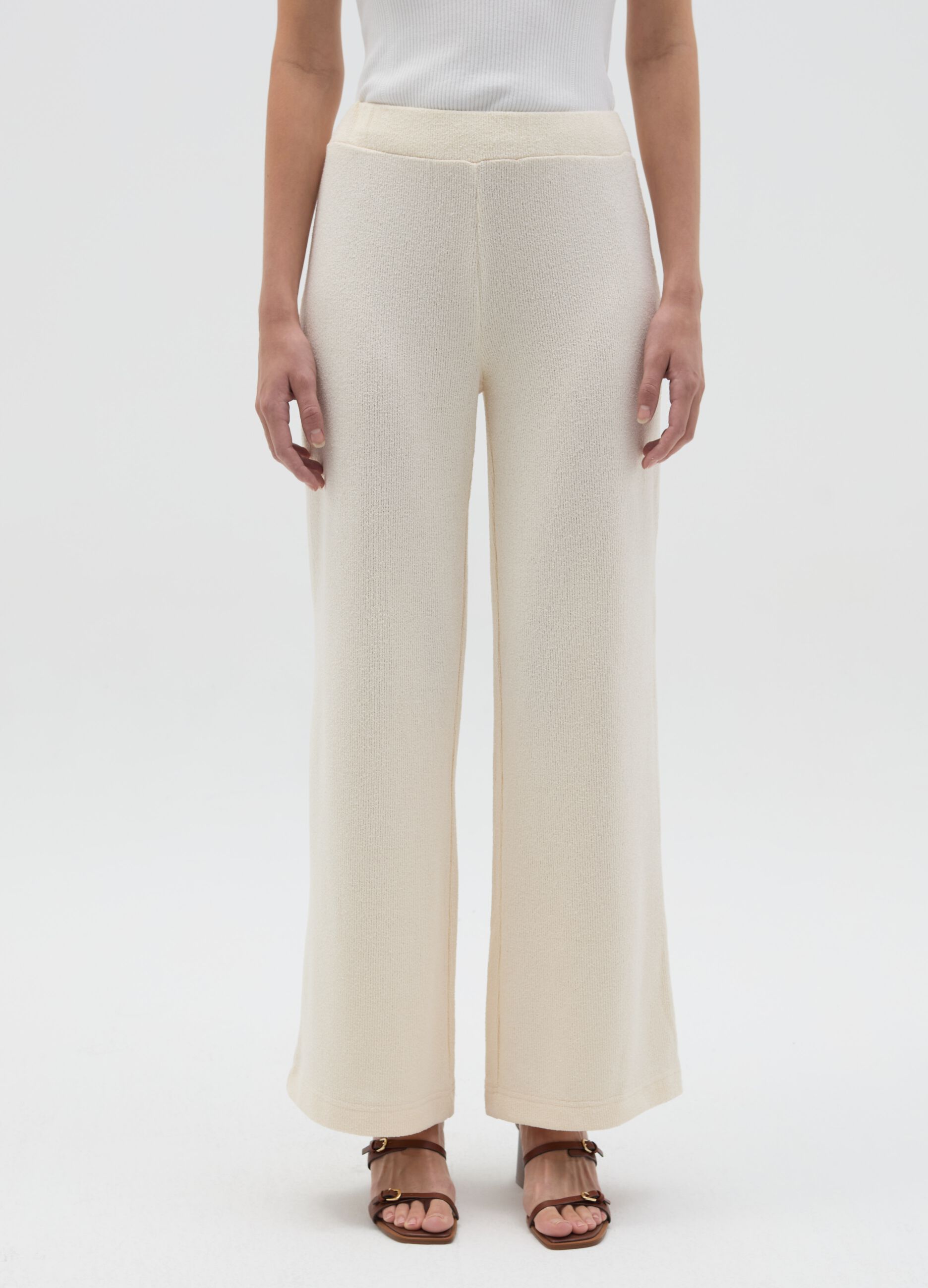 Cream waffle-weave knit trousers