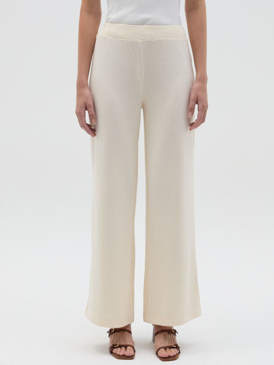 Cream waffle-weave knit trousers_1