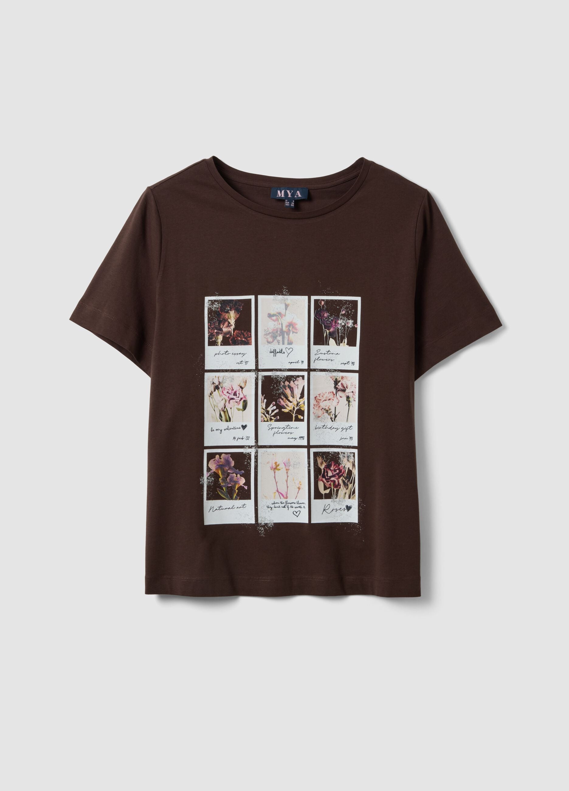 Brown pure cotton T-shirt with floral print, regular fit