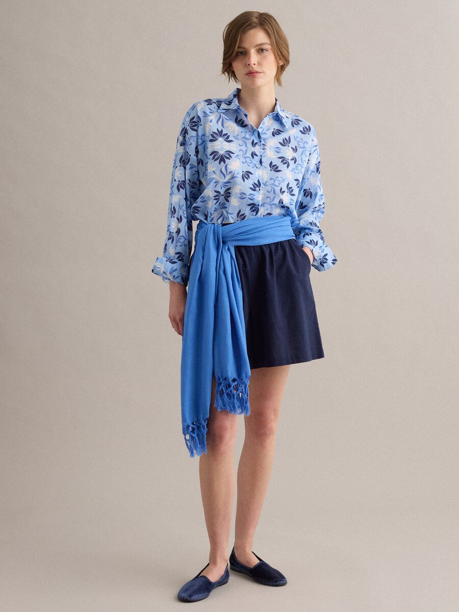 Blue Viscose and Linen Blend Scarf with Fringes_1