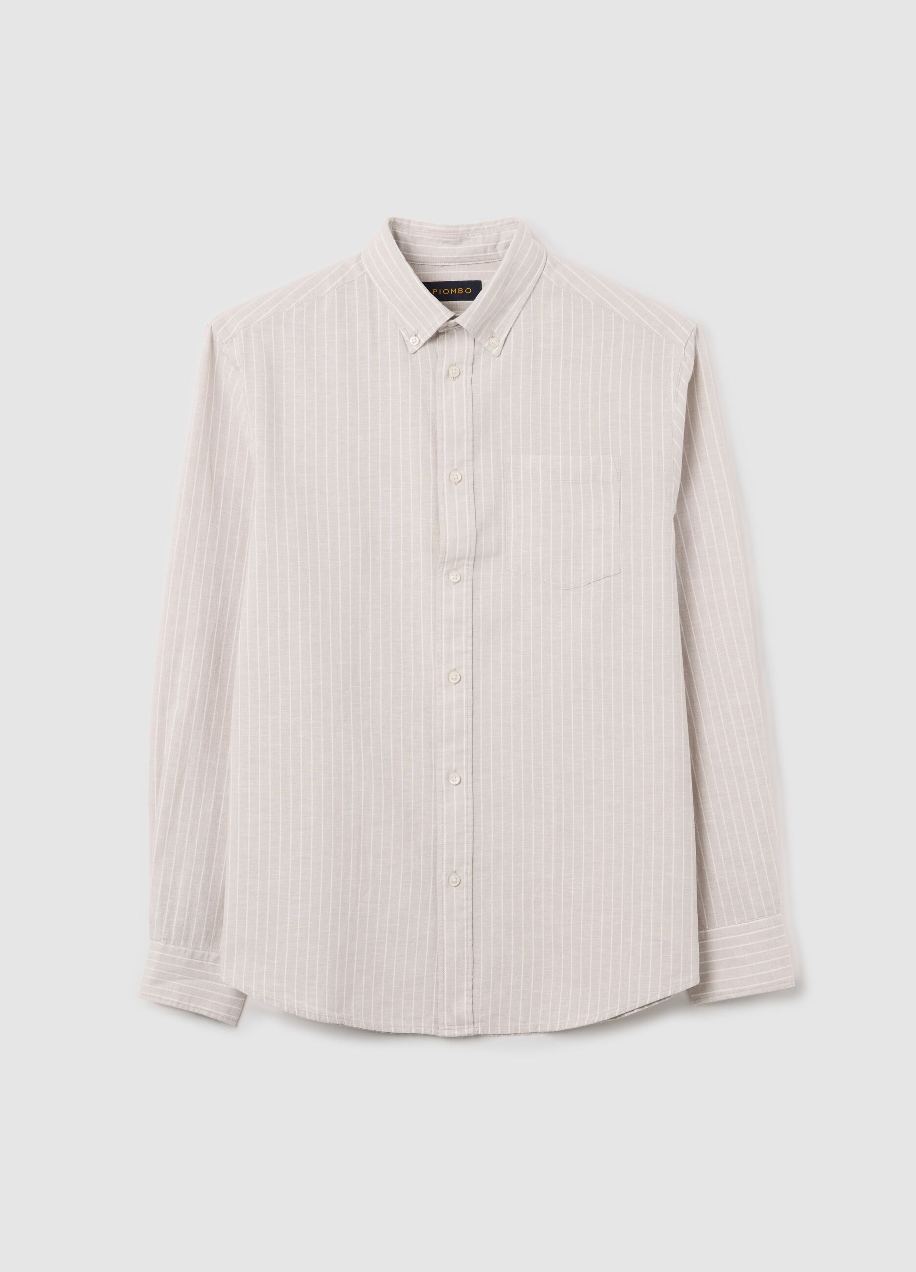 Beige striped regular shirt in cotton and linen