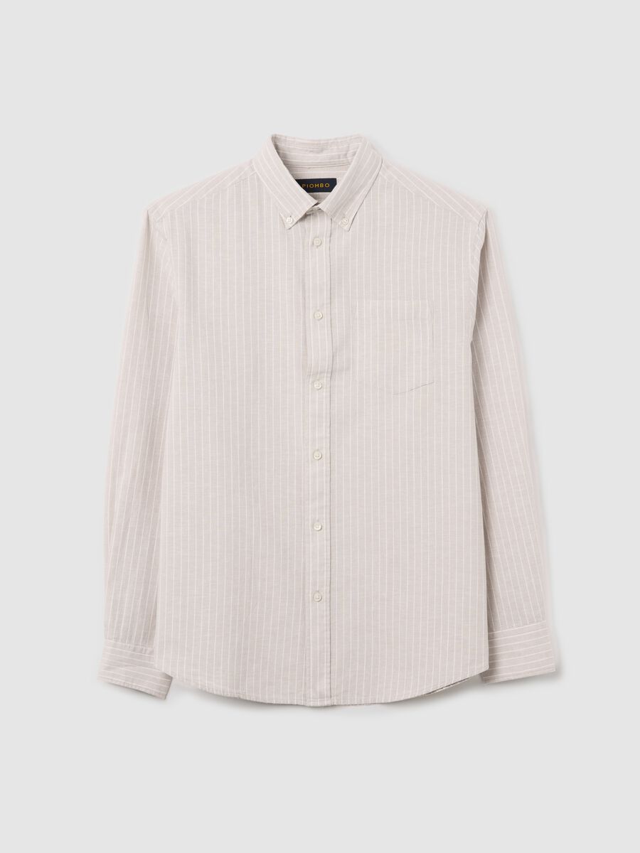 Beige striped regular shirt in cotton and linen_4