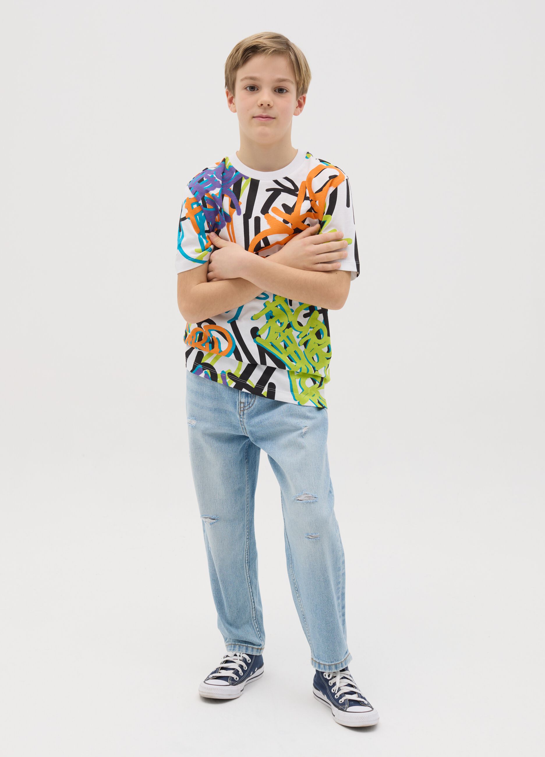 Baggy Fit Jeans with Five Pockets and Distressing