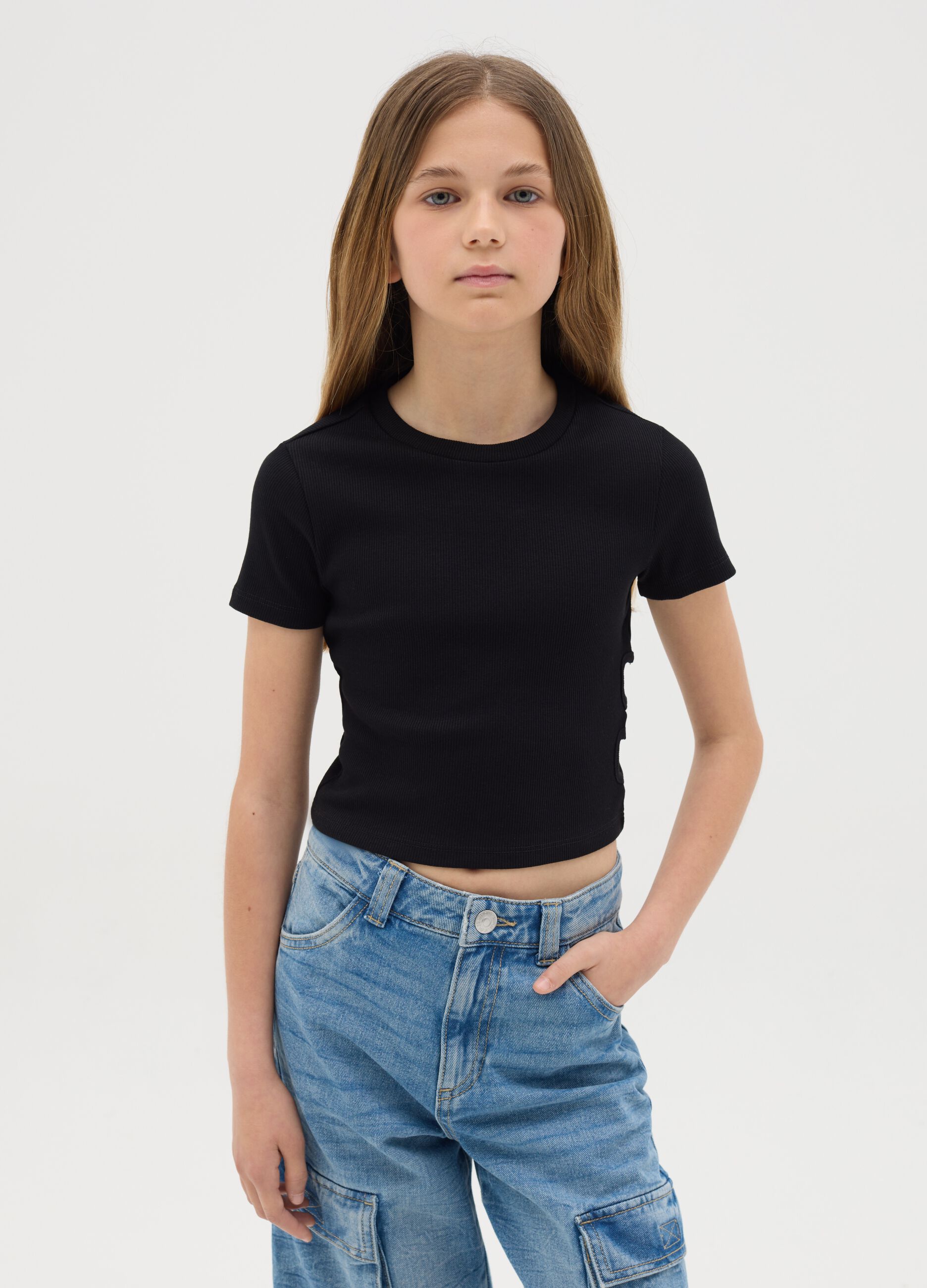 Black fitted t-shirt with side details for girl OVS Kids