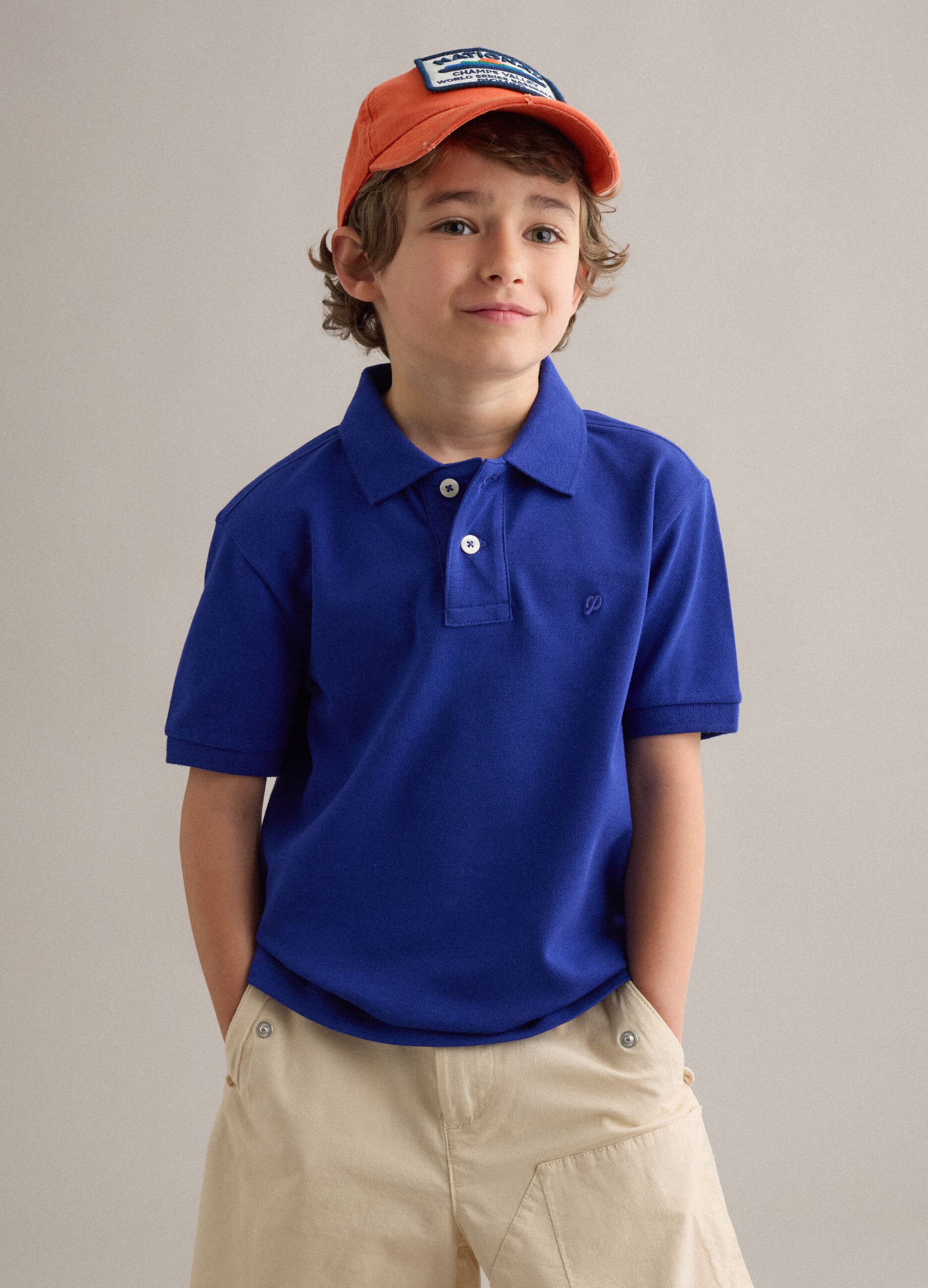 Polo in cotone elasticizzato blu da bambino regular fit