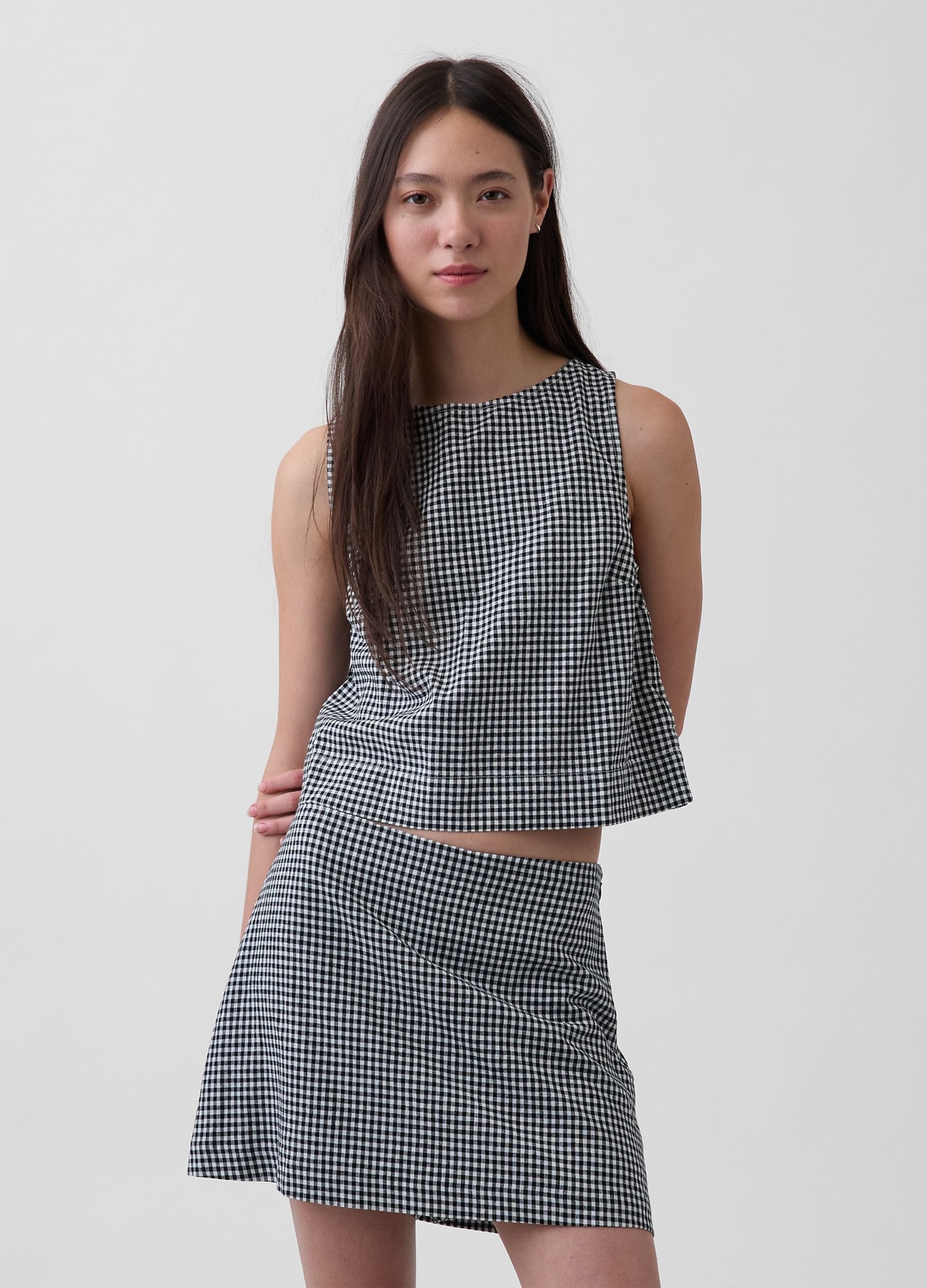 Checked linen-blend top
