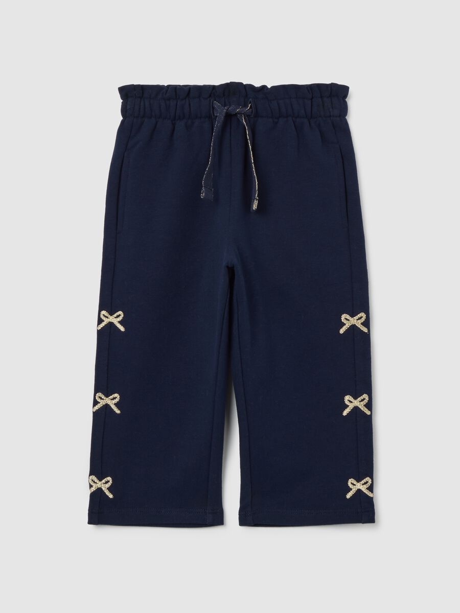 Pantaloni corti blu da bimba in cotone elasticizzato con fiocchetti_0
