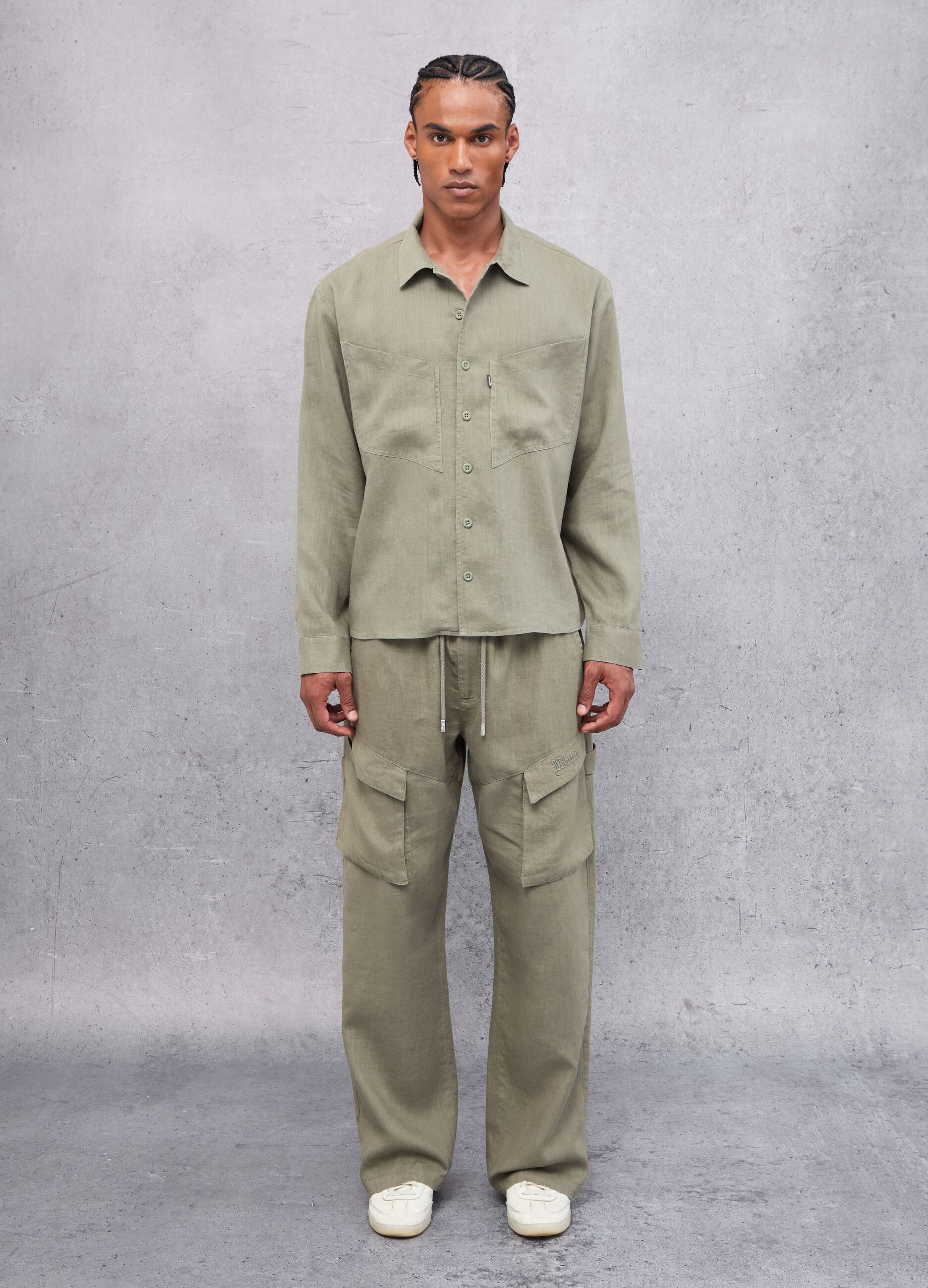 100% Linen Cargo Shirt Military Green 