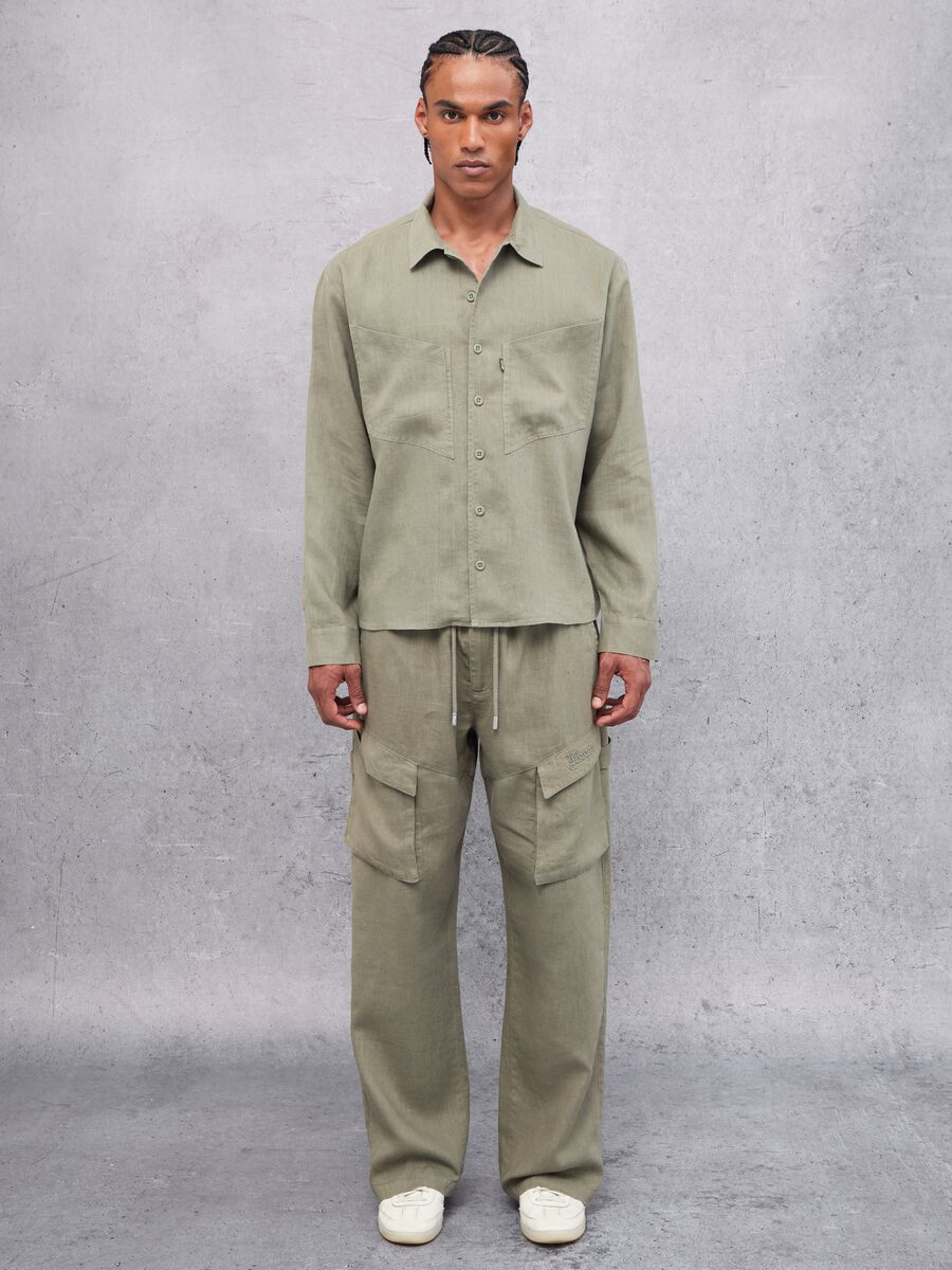 100% Linen Cargo Shirt Military Green_4