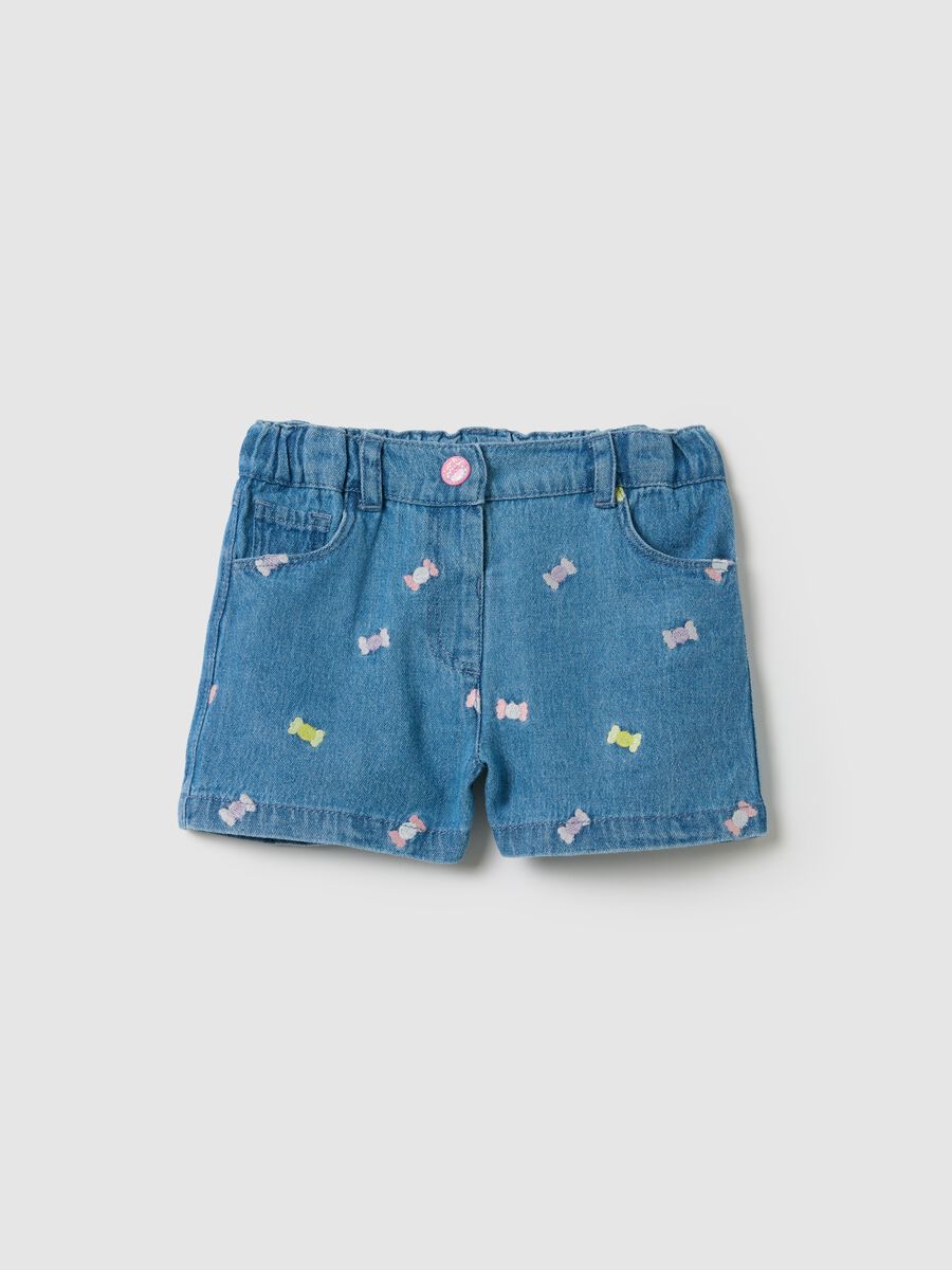 Denim shorts with candy embroidery for girls_0