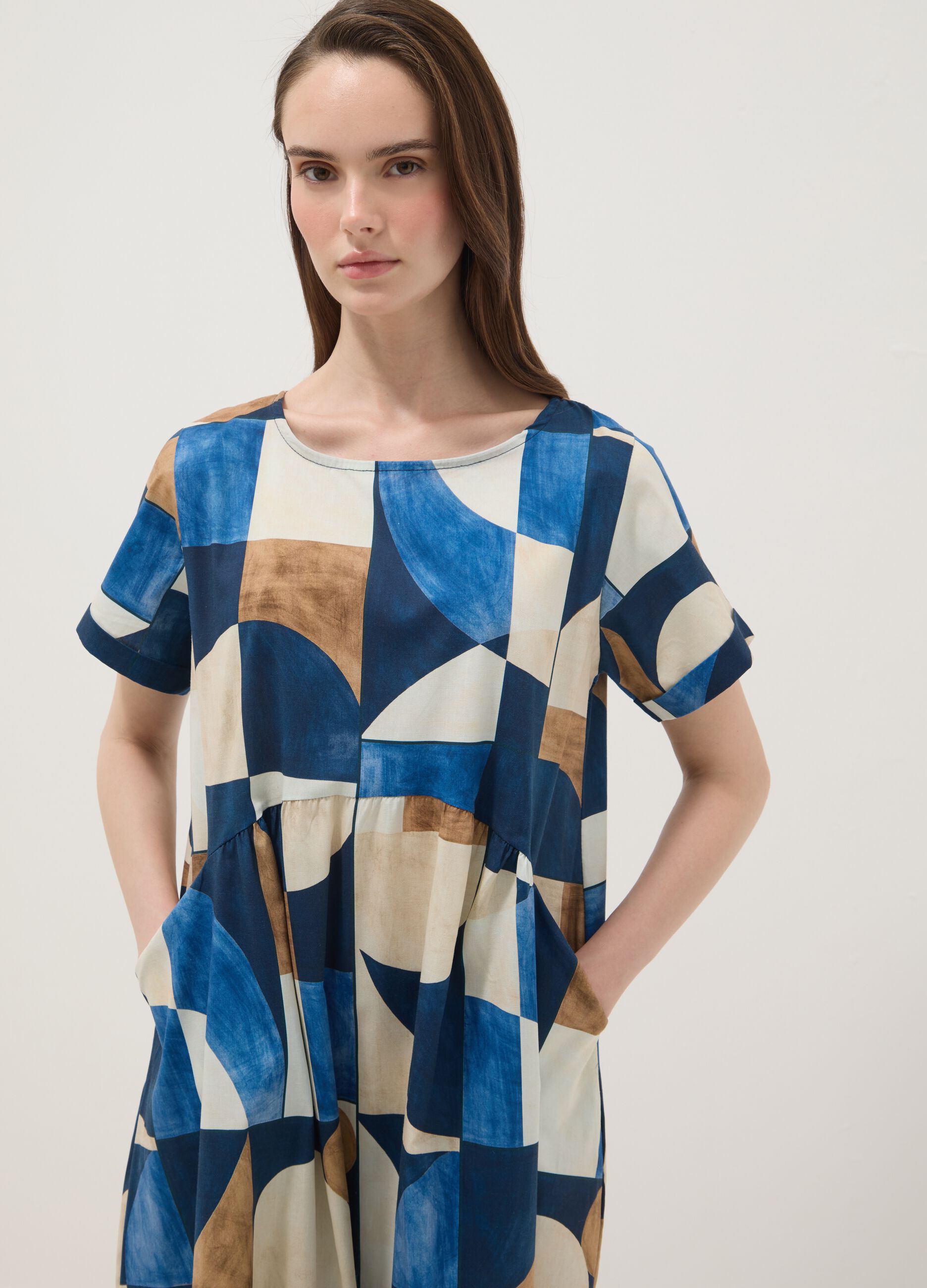 Multicolour stretch cotton midi dress with geometric print