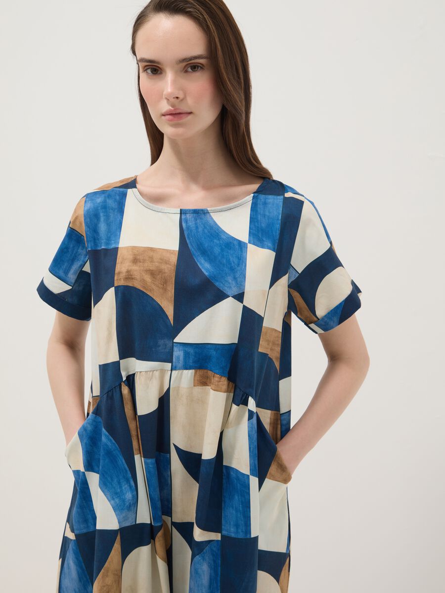 Abito midi multicolor in cotone elasticizzato con stampa geometrica_1