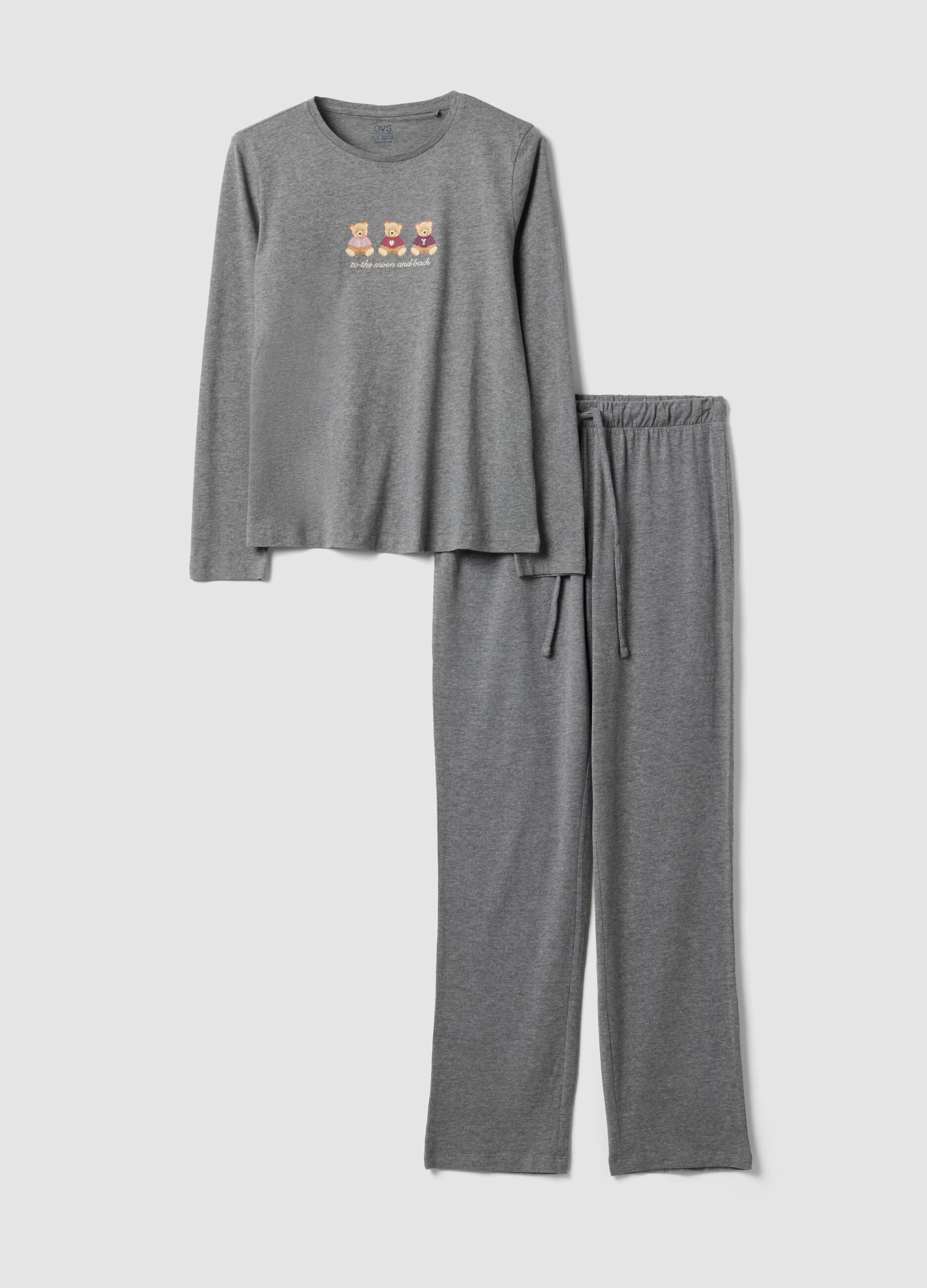 Grey organic cotton and viscose blend pyjamas with teddy bear print