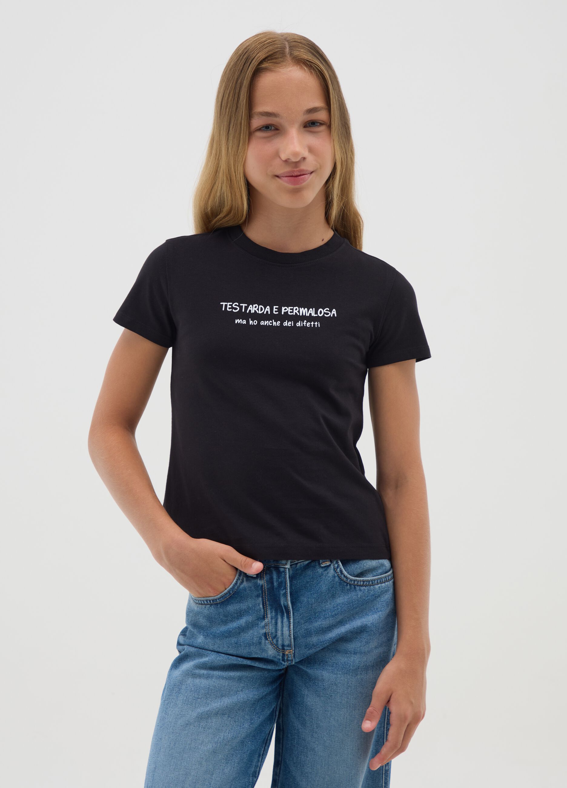 Girls' black pure cotton regular fit t-shirt with print