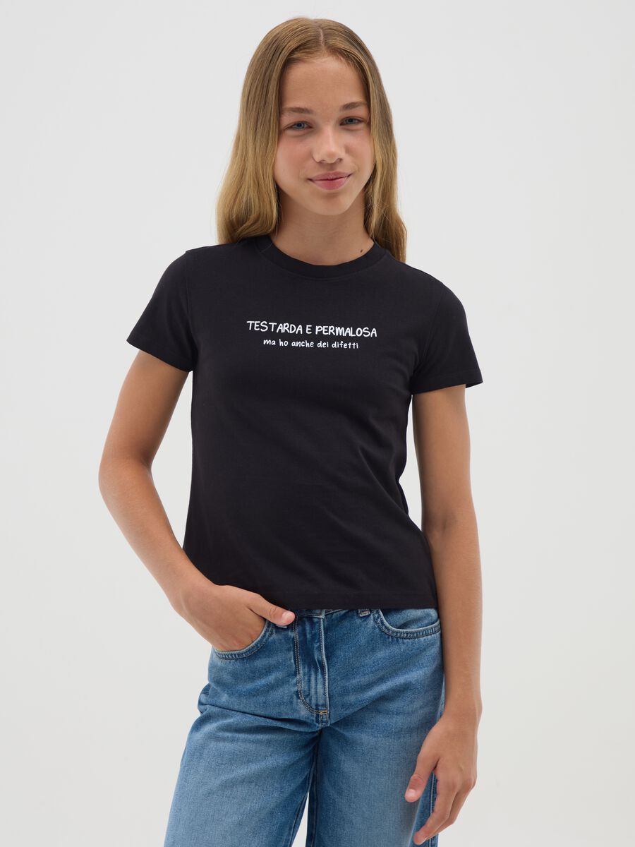Girls' black pure cotton regular fit t-shirt with print_0